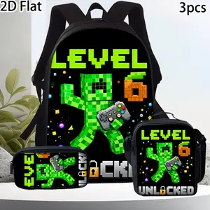 3-piece set, 2D fashion print backpack set, pixel art style trendy backpack set, stylish 3-piece backpack set, unisex, green cube figurine holding a game controller pattern, unique and versatile design, the perfect choice.