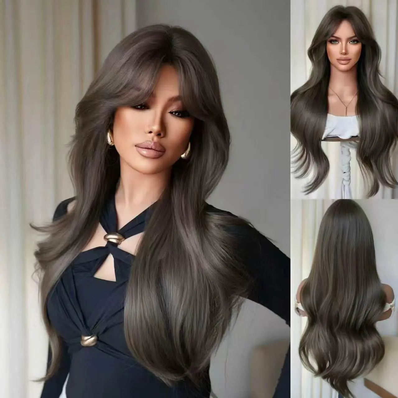 Women's 28-in Natural Dark Tea Brown Anti-Tangle Body Wave Layered Synthetic Hair Wig with Curtain Bangs - Glueless, Beginner-Friendly, Heat-Resistant Full Machine Wig for Daily Wear, Casual Cosplay, Glueless Wigs