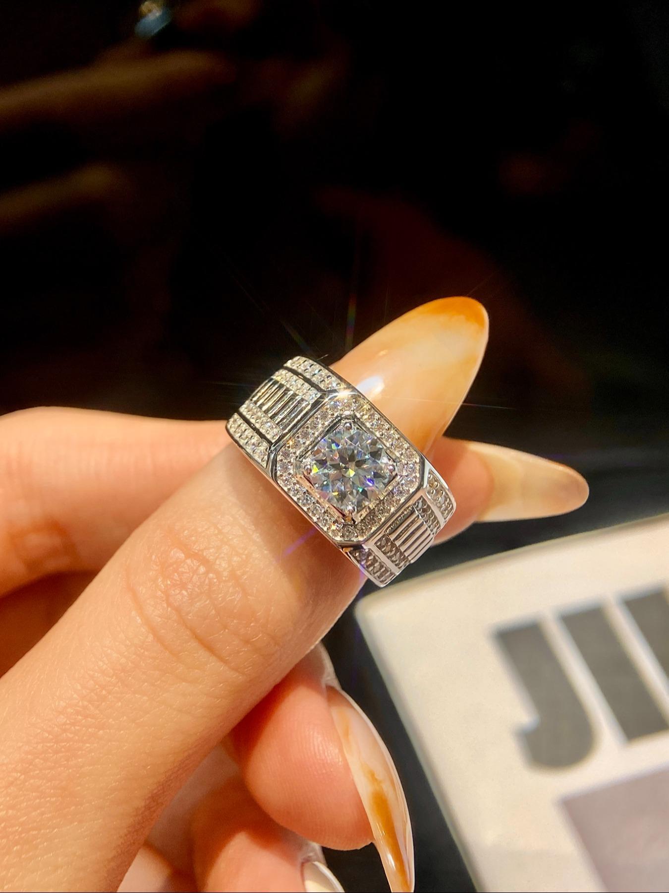 925 Sterling Silver Men's Elegant Synthetic Moissanite Ring, Cuban Moissanite Ring, Solitaire Ring, Exquisite Trendy Engagement Ring, Fashionable Jewelry Accessories for Men As Wedding Gift