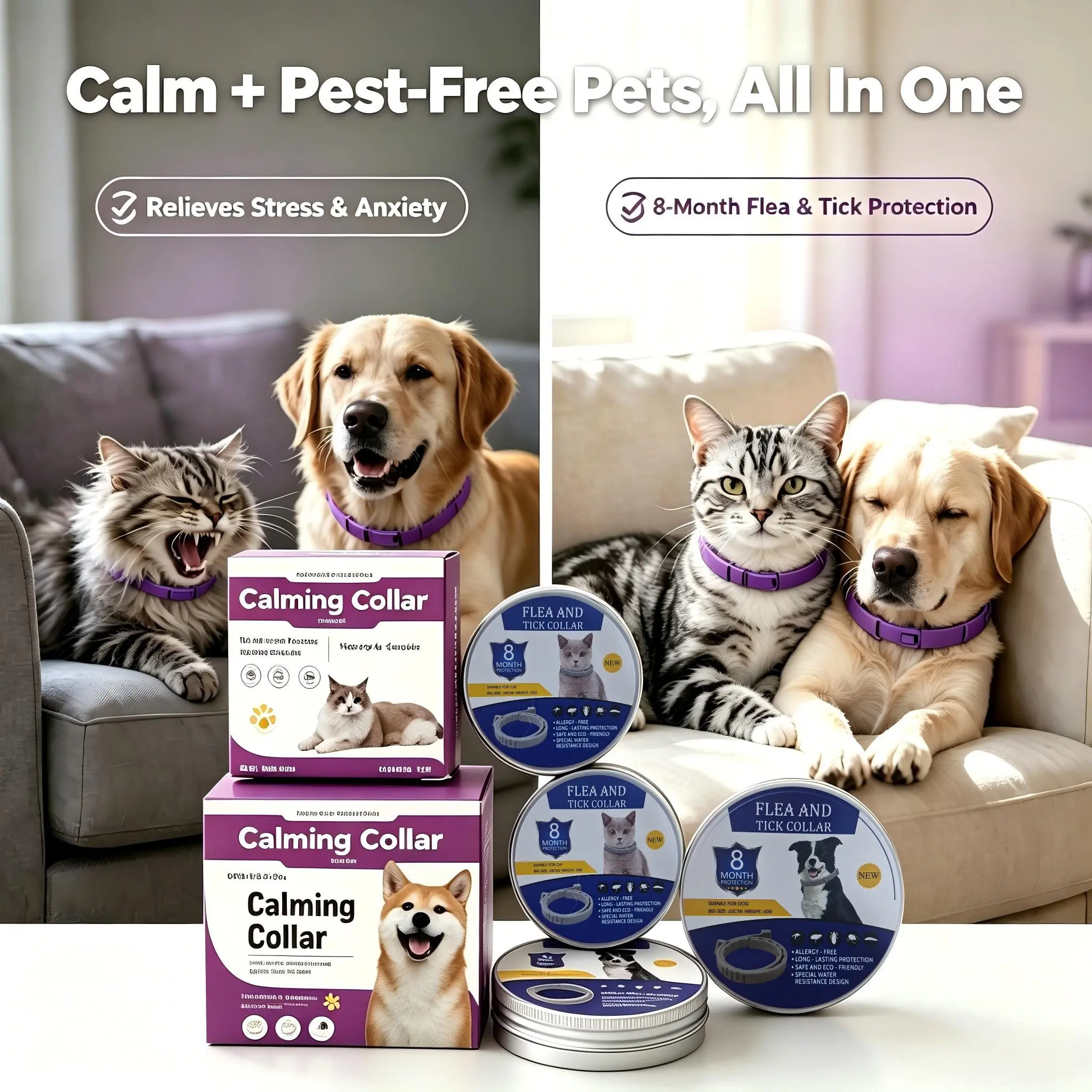 Dog & Cat Calming Collar Set:Long-lasting pheromone collars soothe cats for up to 80 days. Relieves stress, anxiety, noise fear & separation anxiety. (12-Pack Value Set – Ideal for Multi-Pet Homes!)