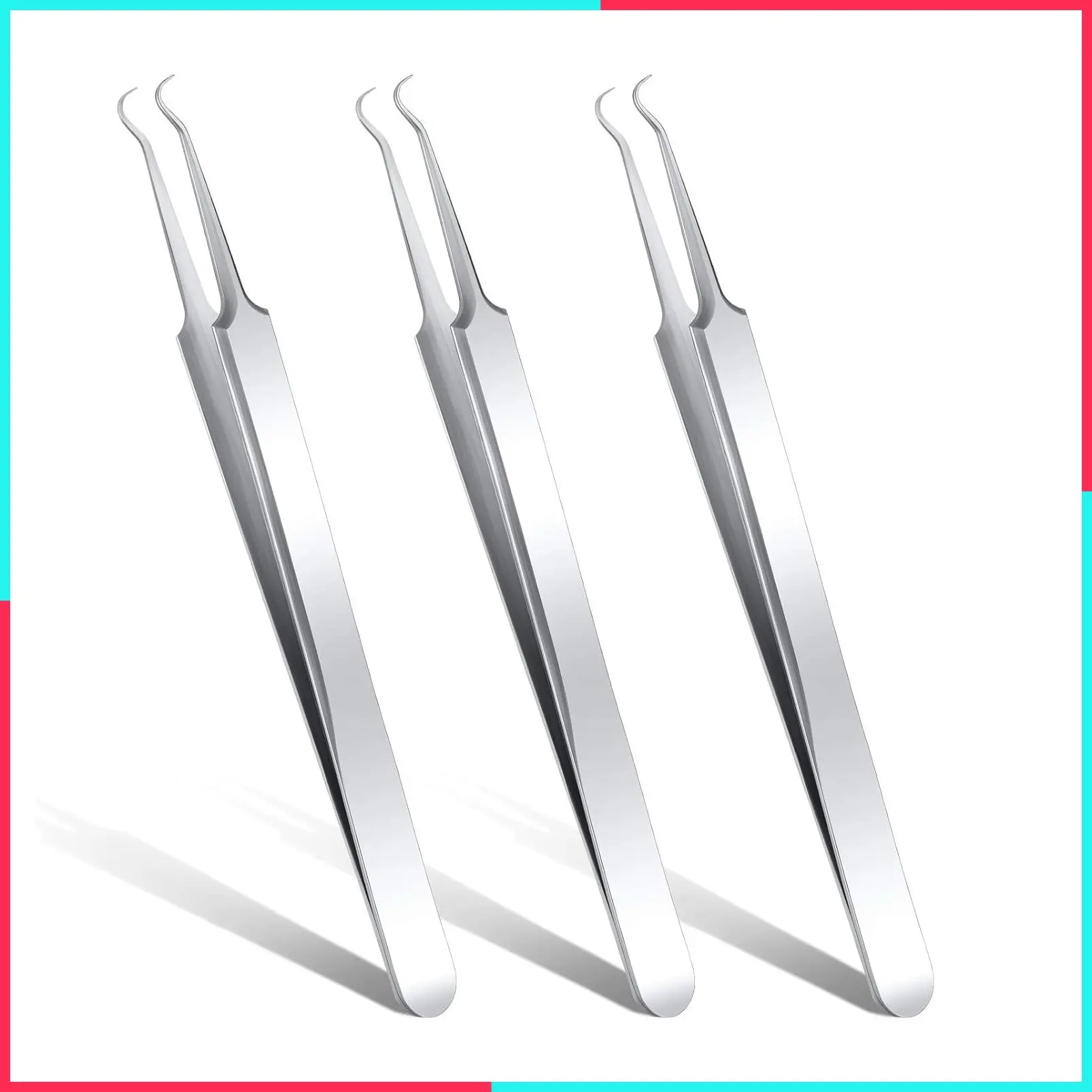 3 Pcs Stainless Steel Blackhead Remover Tweezers, Silver Bent Curved Hook Extractor Tool for Pimple, Zit & Whitehead Removal, Precision Facial Skin Care Tools