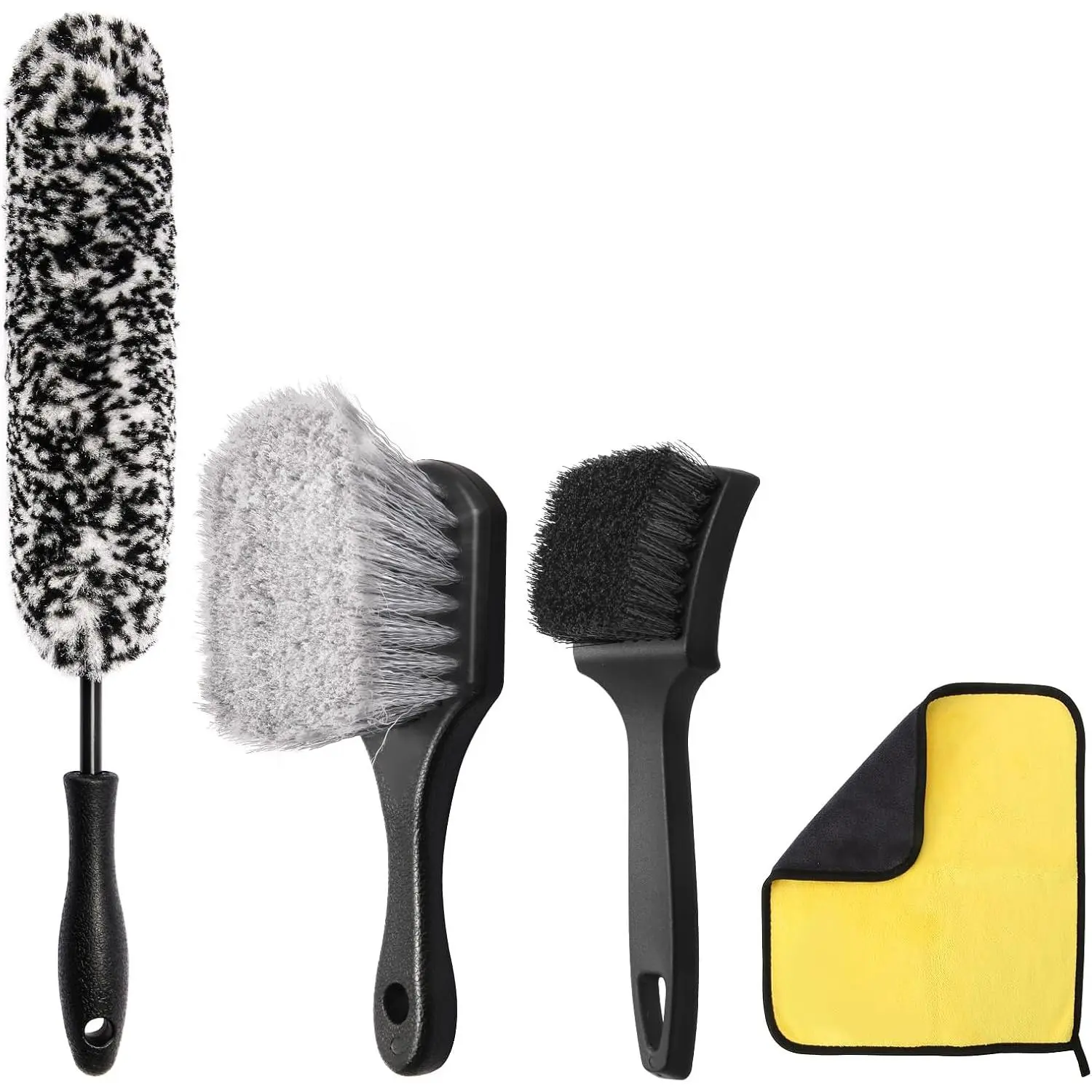 4 count Wheel Tire Cleaning Kit 360 Flexible Scratch-Free Rim Brush | -bristle tools & lint-free microfiber towel, compact portable multi- auto care holiday  set