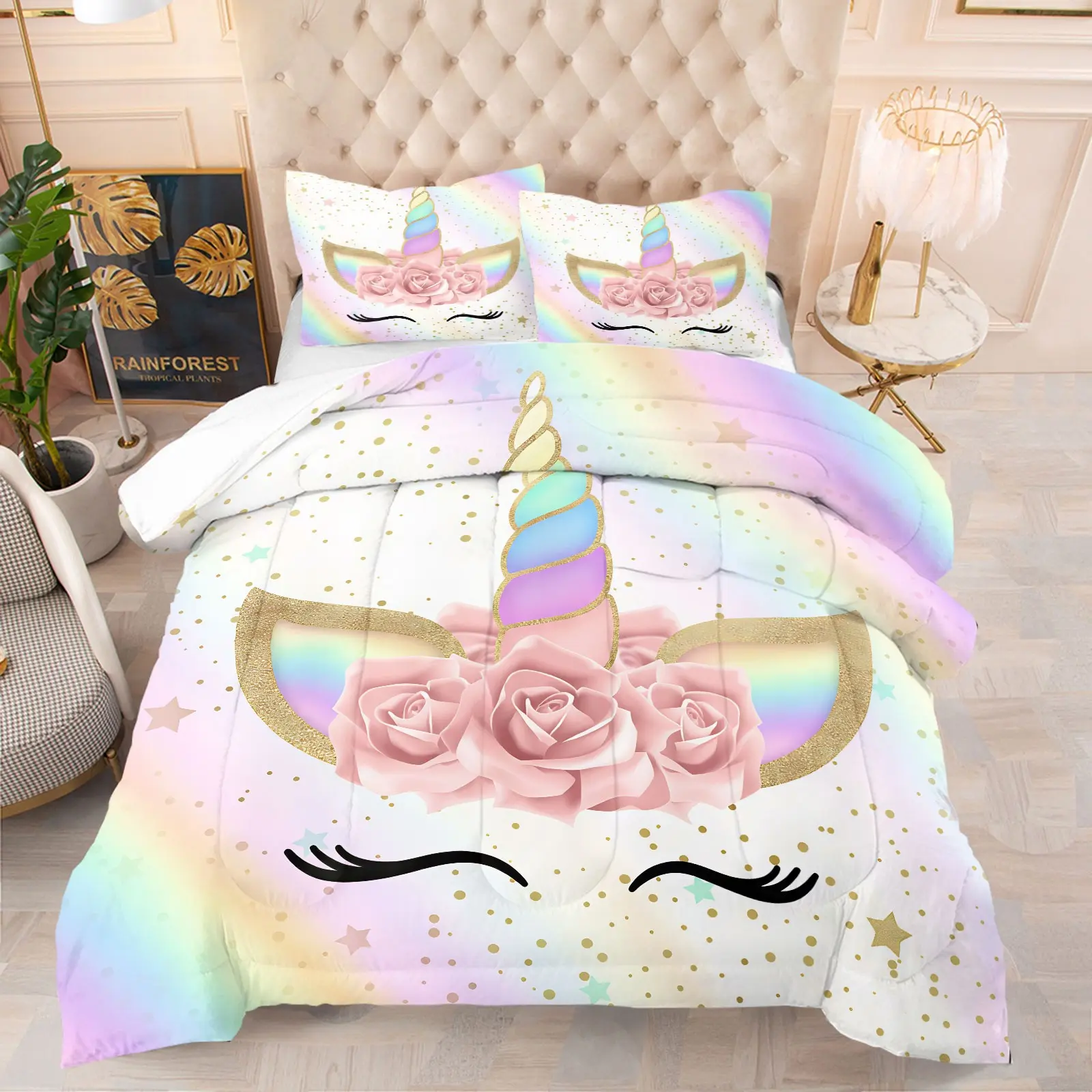 2/3PCS Rainbow Gradient Unicorn Comforter Set with 2 Pillowcases, Soft Light Fabric, Quilt Included (Pillows Not Included), Cute Floral Unicorn Bedding for Girls Bedroom