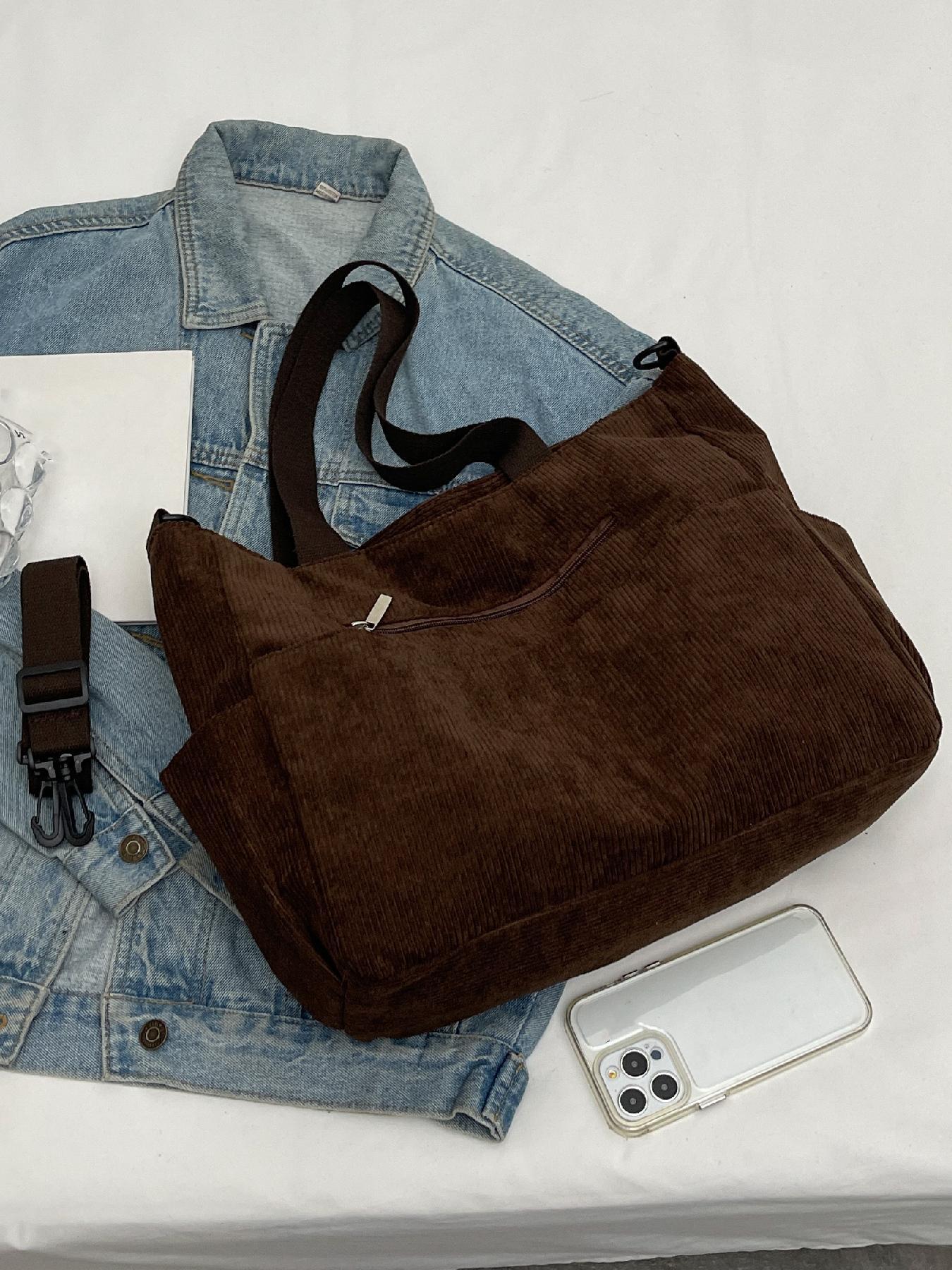 Trendy Corduroy Tote Bag, Women's Solid Color Large-Capacity Durable Shoulder Bag for Daily Use, Casual Matching School Bag for Outdoor Activities