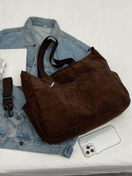 Corduroy Trendy Tote Bag, Women's Solid Color Large Capacity Shoulder Bag for Daily Used, Casual Matching School Bag for Outdoor, Slouchy Tote