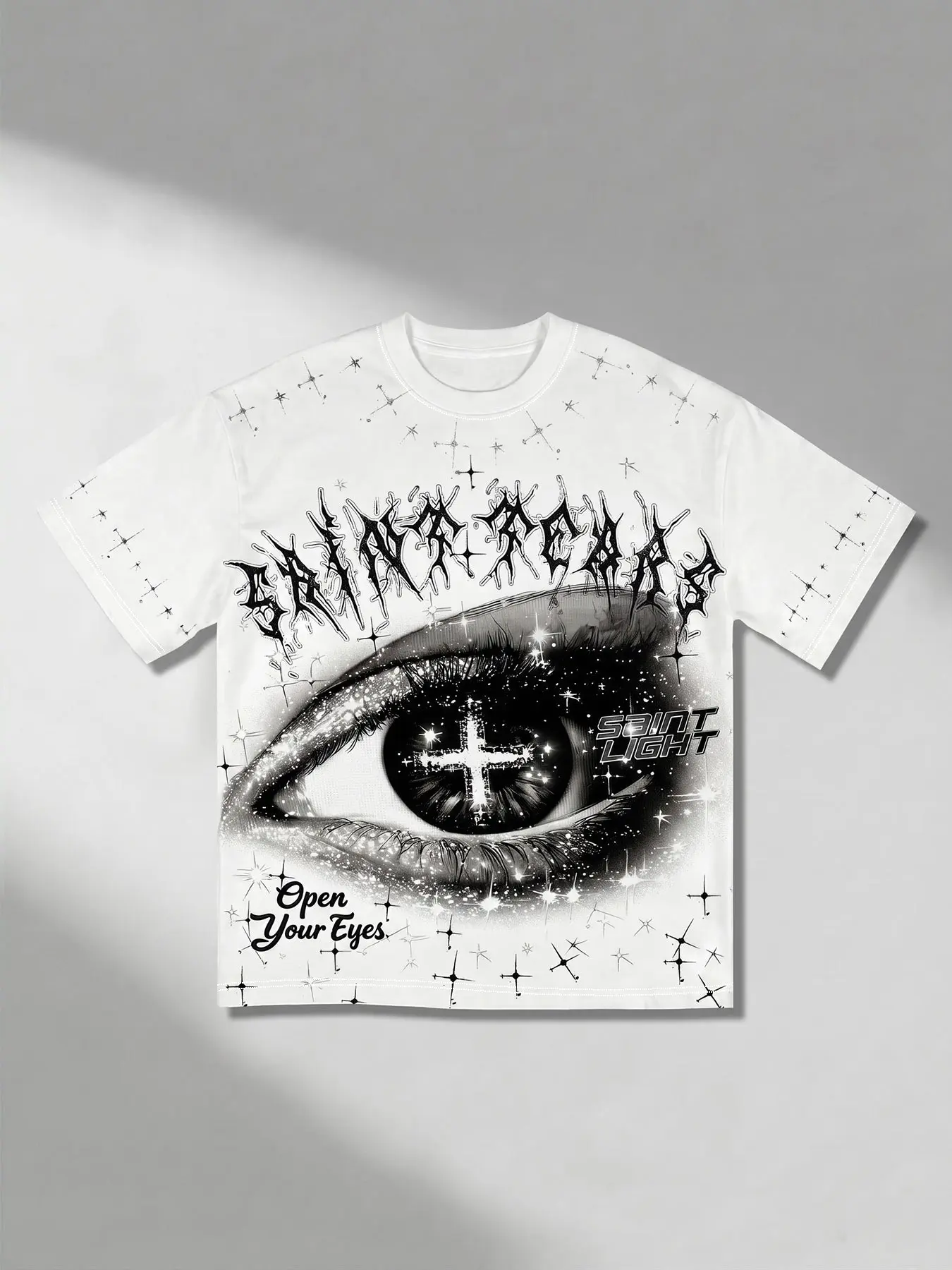 Crew Neck Short Sleeve T Shirt, Mystic Eye Cross Star Sparkle Graphic Tee, Gothic Blackletter Letter Print Loose Fit Casual Tops, Y2K Dark Aesthetic Streetwear Short Sleeve Shirts For Men Trendy Daily Summer Streetwear Outfit