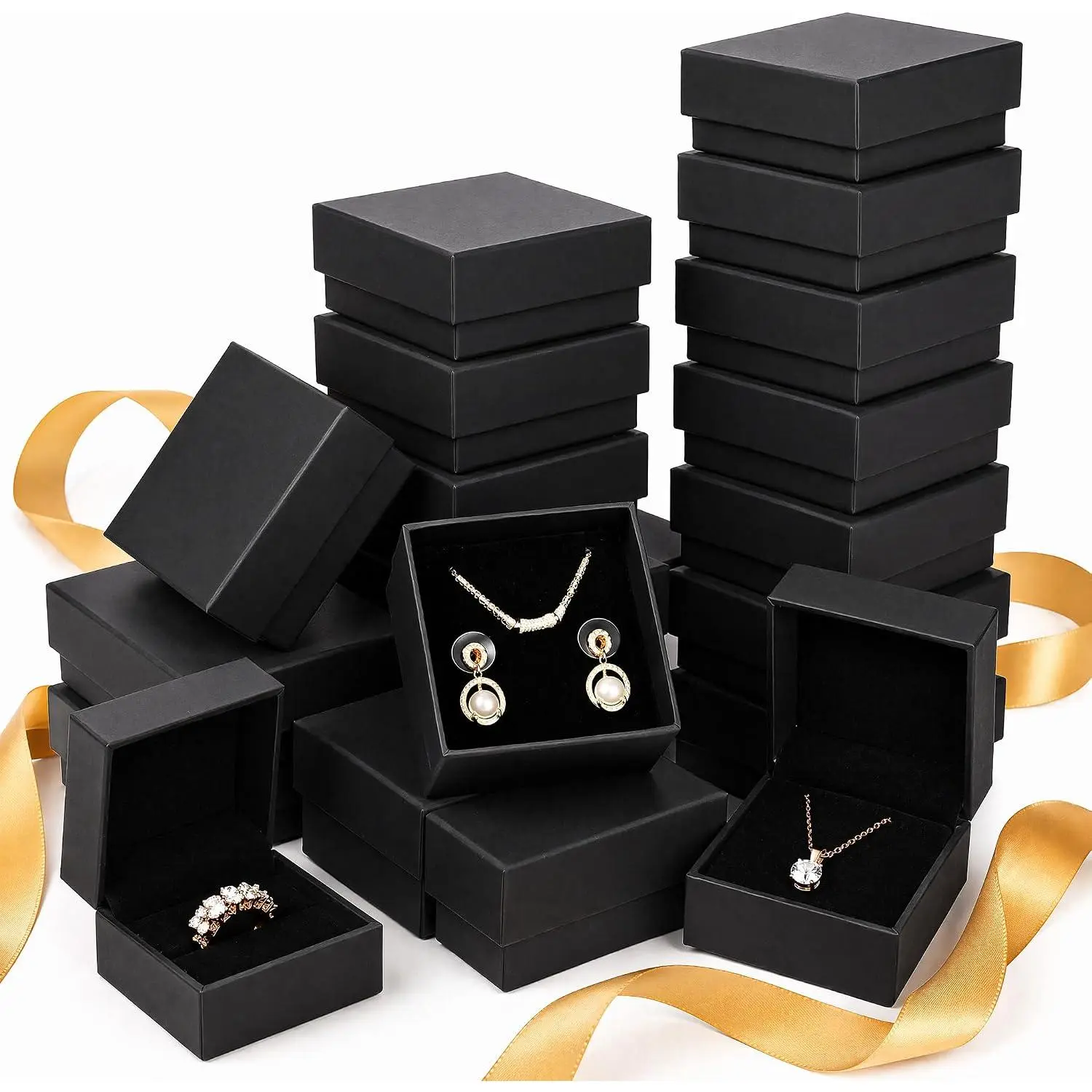 Boxes, 36 Pack 2.95 x 2.95 x 1.37 Inch Square Cardboard   Box Necklace Ring Earring  Box for  Set with  Insert, Black
