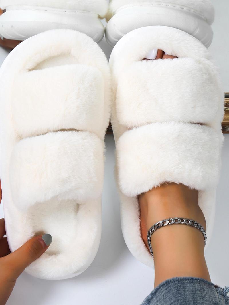 Women's Summer Comfort Solid Color Fluffy Slide Slippers, 2025 Summer Double Strap Bedroom Slippers, Girl Casual Soft Plush Home Slippers, Footwear & Walking Shoes, Flat Shoes Sandals