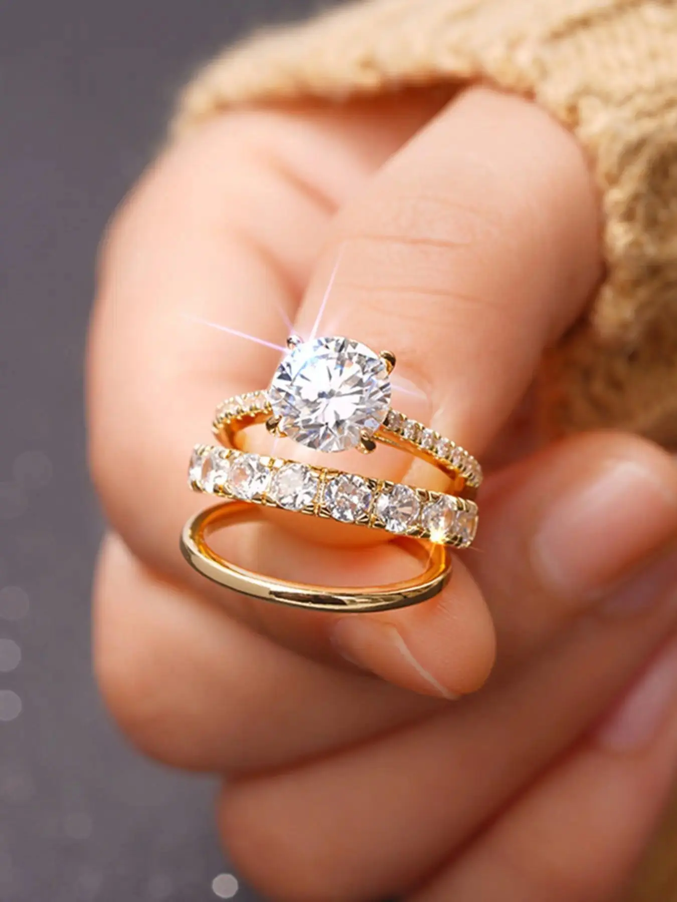 3PCS Round Cut Cubic Zirconia Bridal Ring Set For Women, Solitaire Engagement Ring & Half Eternity Stackable Wedding Band, Gold Tone Promise Jewelry Suitable For Engagement, Wedding, Anniversary, Proposal Gift For Her