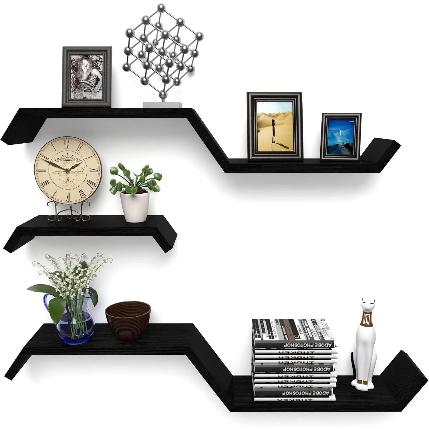 Black Floating Wall Shelves, Waterproof Solid Wood Floating Shelves with Small Relief Textures, for Bathroom, Bedroom, Living Room, Kitchen, Repisas Flotantes De Pared