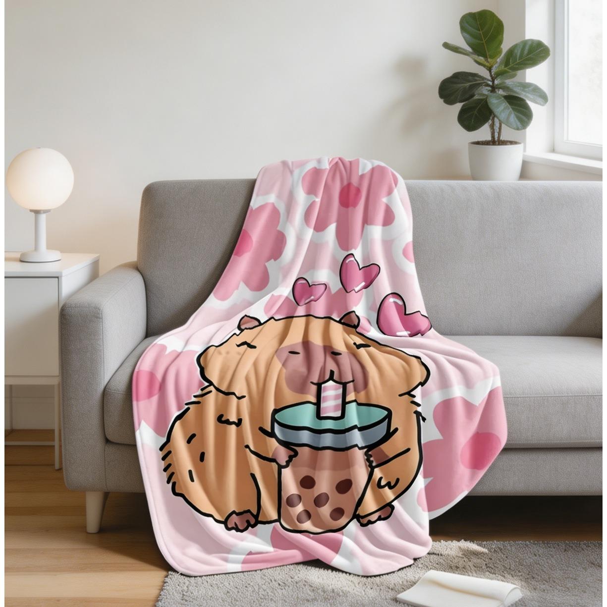 Capybara Bubble Tea Flannel Blanket, Cute Pink Floral Heart Throw Blanket, Soft Cozy Plush Blanket for Sofa Living Room, Food Themed Gift