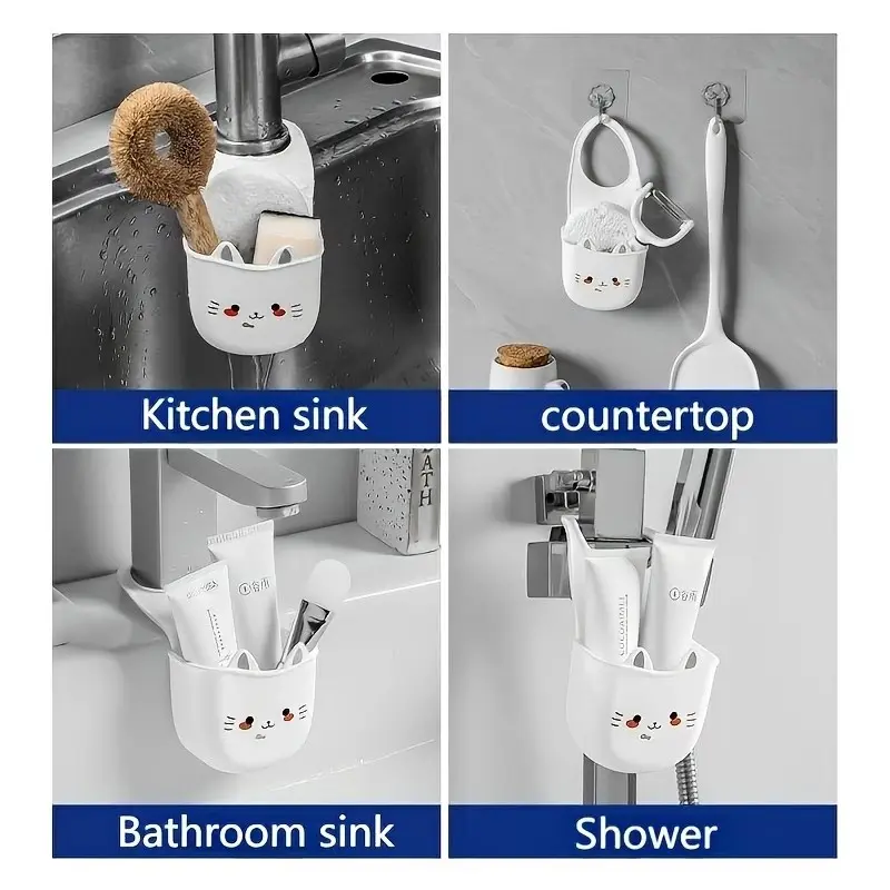 2 Pcs Cute Cat Silicone Faucet Holder, Sponge Storage Rack with Drain Hole, Space-Saving Bathroom and Kitchen Organizer, Durable Sponge Shelf
