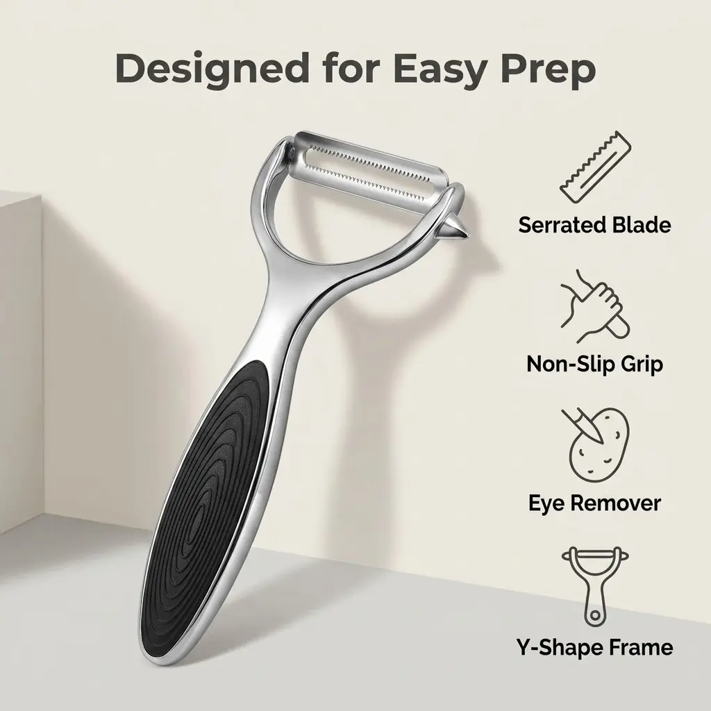 Stainless Steel Fruit & Vegetable Peeler with Non-Slip Ergonomic Handle - Sharp Durable Blade for Effortless Peeling of Potatoes, Carrots, Kiwi - Curved Design for Safe & Efficient Use