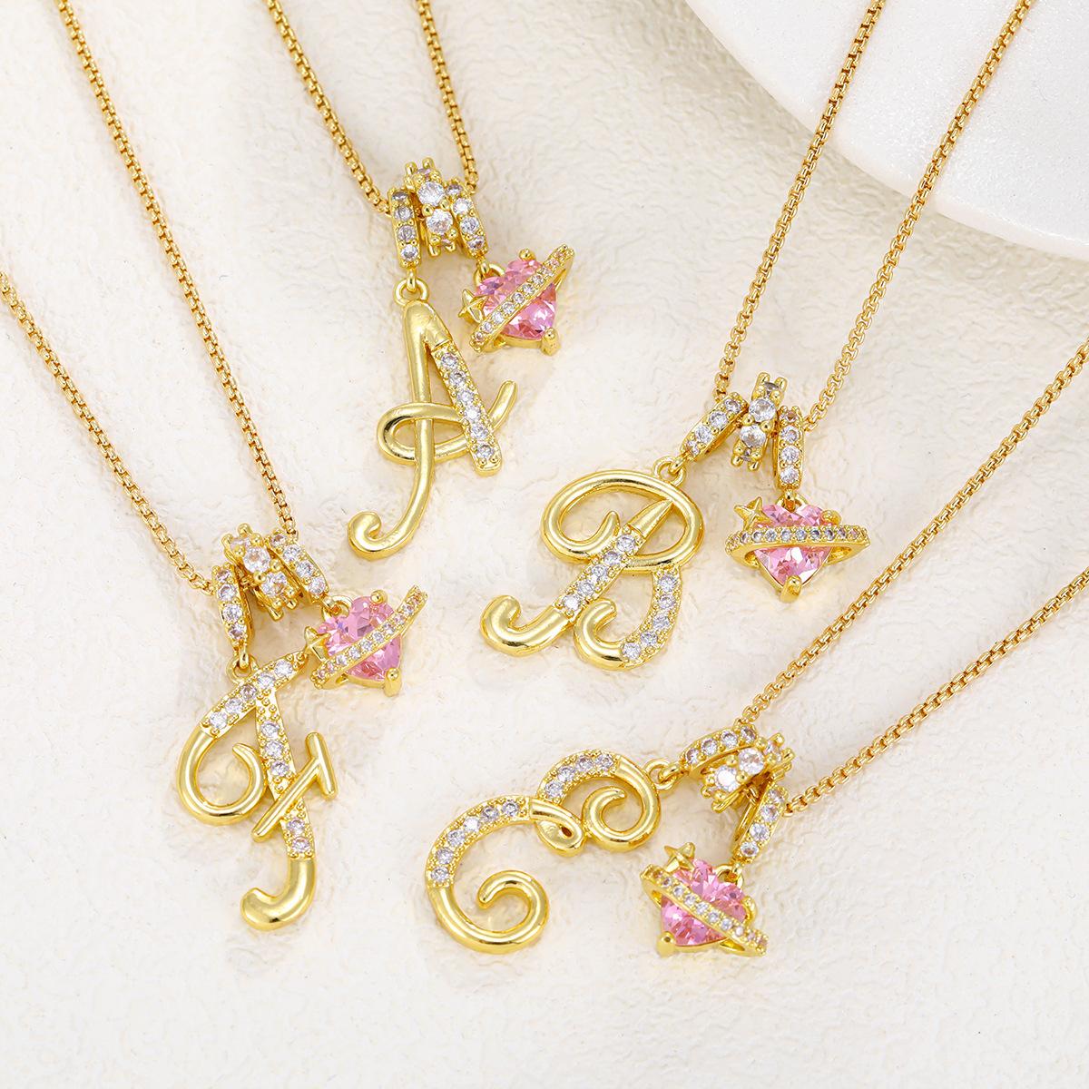 Art Design Letter Necklace Gold 3-Layering Initial A-Z Letter Pendant Necklaces for Women Snake Chain Choker Pink Heart Zircon Adjustable Length Necklace Jewelry For Christmas