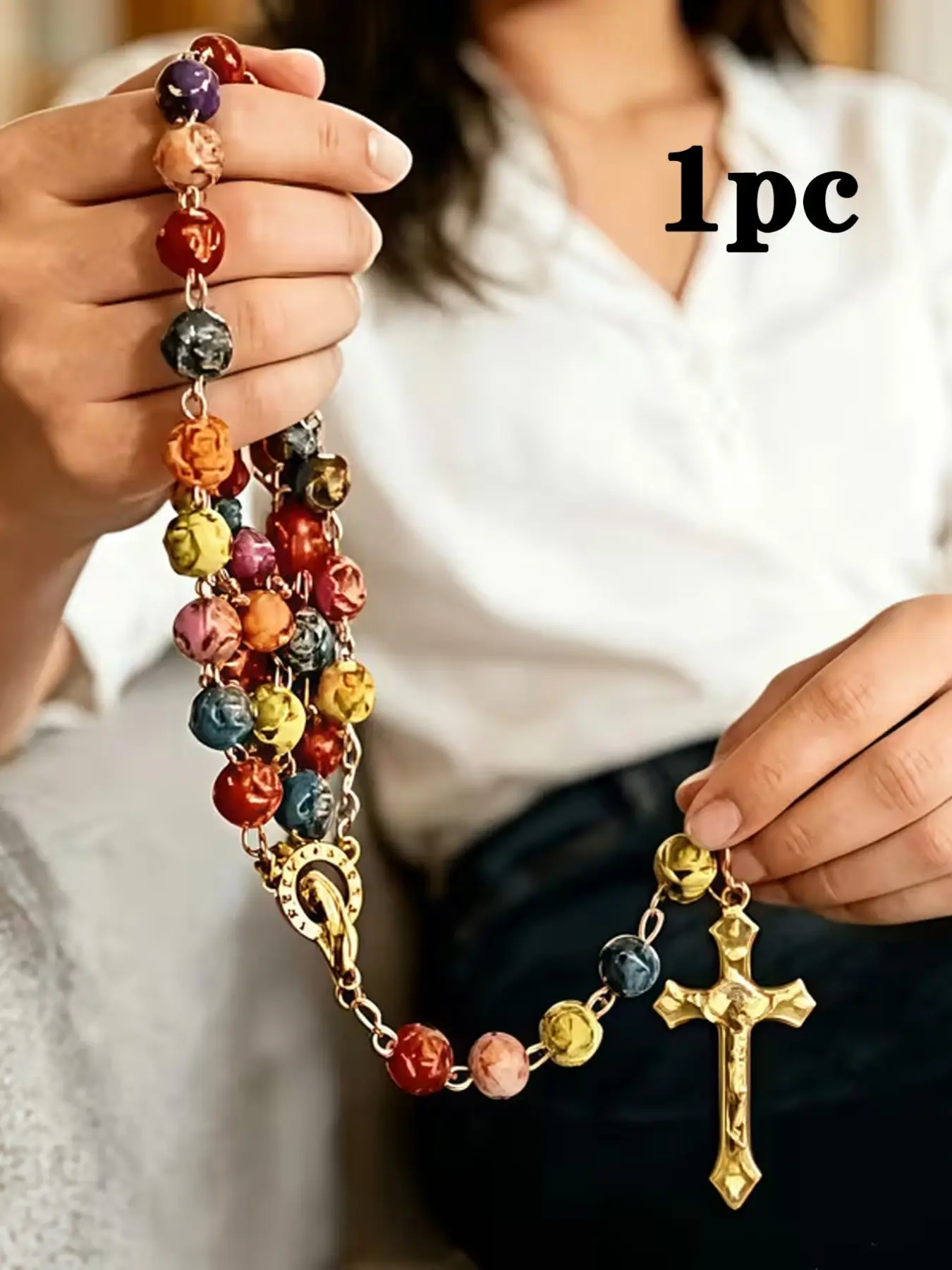 Beautifully Colored Catholic Rosary, Rose-Shaped Beads, Crucifix Pendant, Bohemian Style, Handcrafted, Suitable for Daily Prayer
