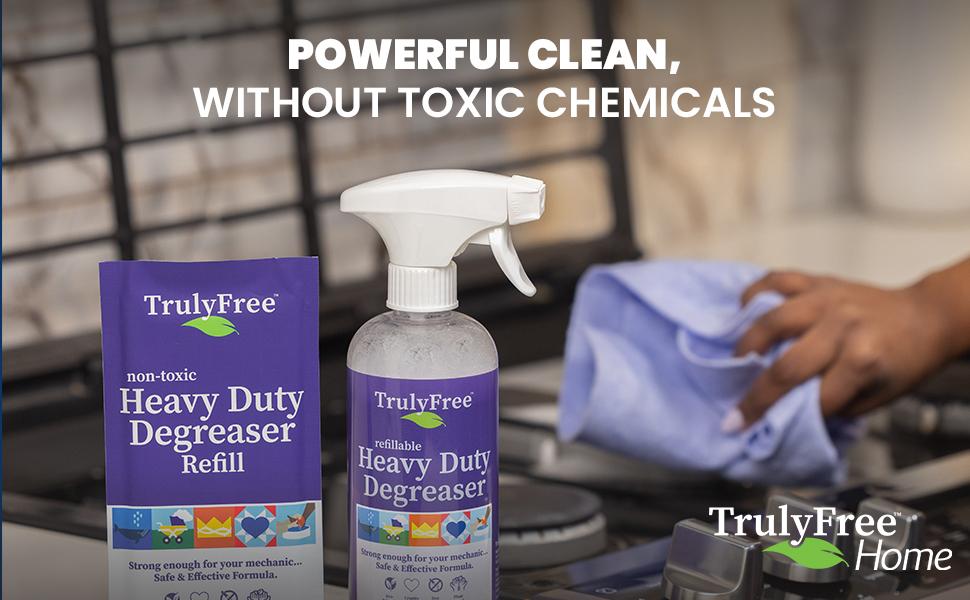 Truly Free Heavy Duty Degreaser- Grease Remover & Grime Cleaner for Kitchen, Automotive & More, Household Cleaning Supplies, Fragrance-Free, Includes 16 oz Reusable Empty Bottle & 2 Refills (4 oz)