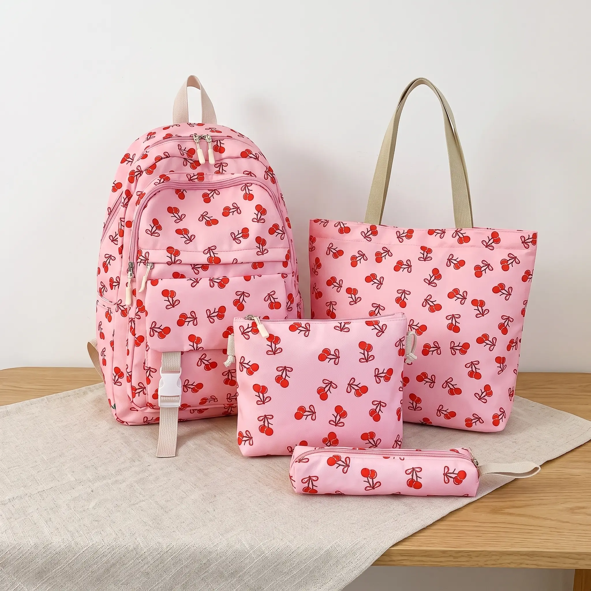 4PC-Cute Strawberry Backpack Set For Students Lightweight 14in Laptop Bag Casual Everyday Carry 36 55L Durable Polyester Lining Cushioned Straps Off White Blue Yellow Pink Black Urban Minimalist Teens