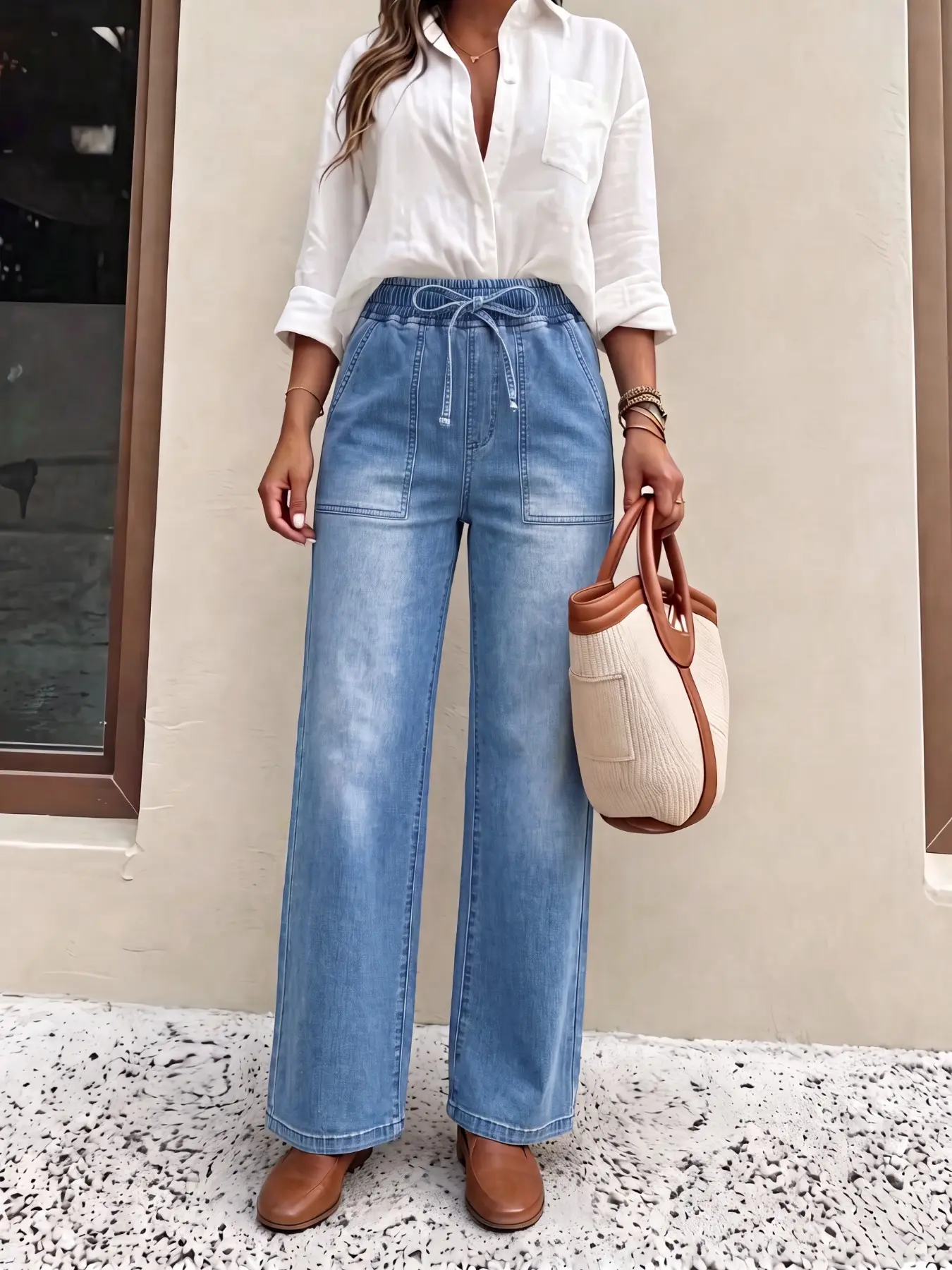 Four-Season Elastic Waist Wide Leg Jeans, Comfortable Daily Wear, Adjustable Drawstring, Large Pockets, Soft Washed Denim, Relaxed Fit