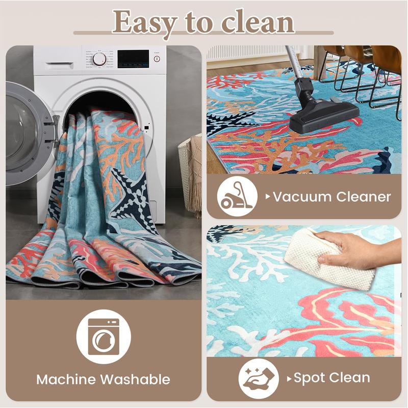 6x9 Feet Washable Ocean Coral Reef Themed Area Rug, Modern Soft Faux Wool Non-Slip & Easy to Clean Carpet, Decorative Rug for Living Room, Bedroom, Hallway, Porch, Patio, Home Decoration,Blue, Beige,4x6,5x8,6x9 Feet
