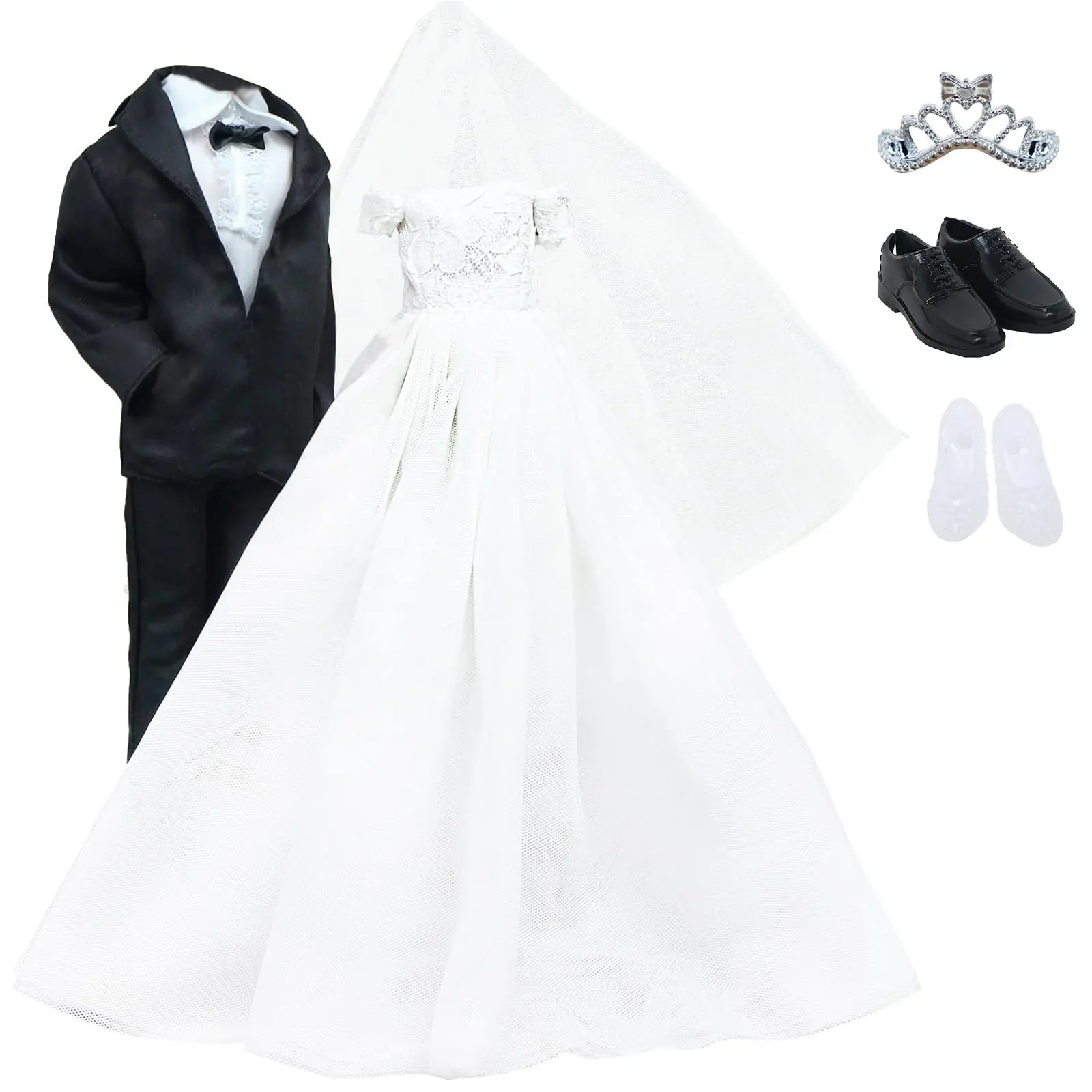 11.5-inch Doll Clothing Unisex Wedding Set for Doll Enthusiasts - White Bridal Dress, Bridal Veil, Groom Formal Attire, Adhesive Fastener, Soft Fabric, Handmade Details, Tear-Resistant for Dances
