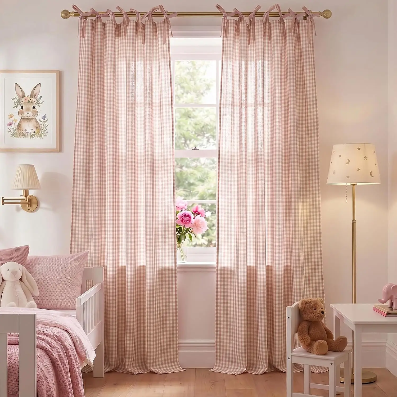 NICETOWN Gingham Curtains for Girls Room with Adjustable Top Ties, Classic Buffalo Check Linen Textured Drapes, Sweet Plaid French Country Decor