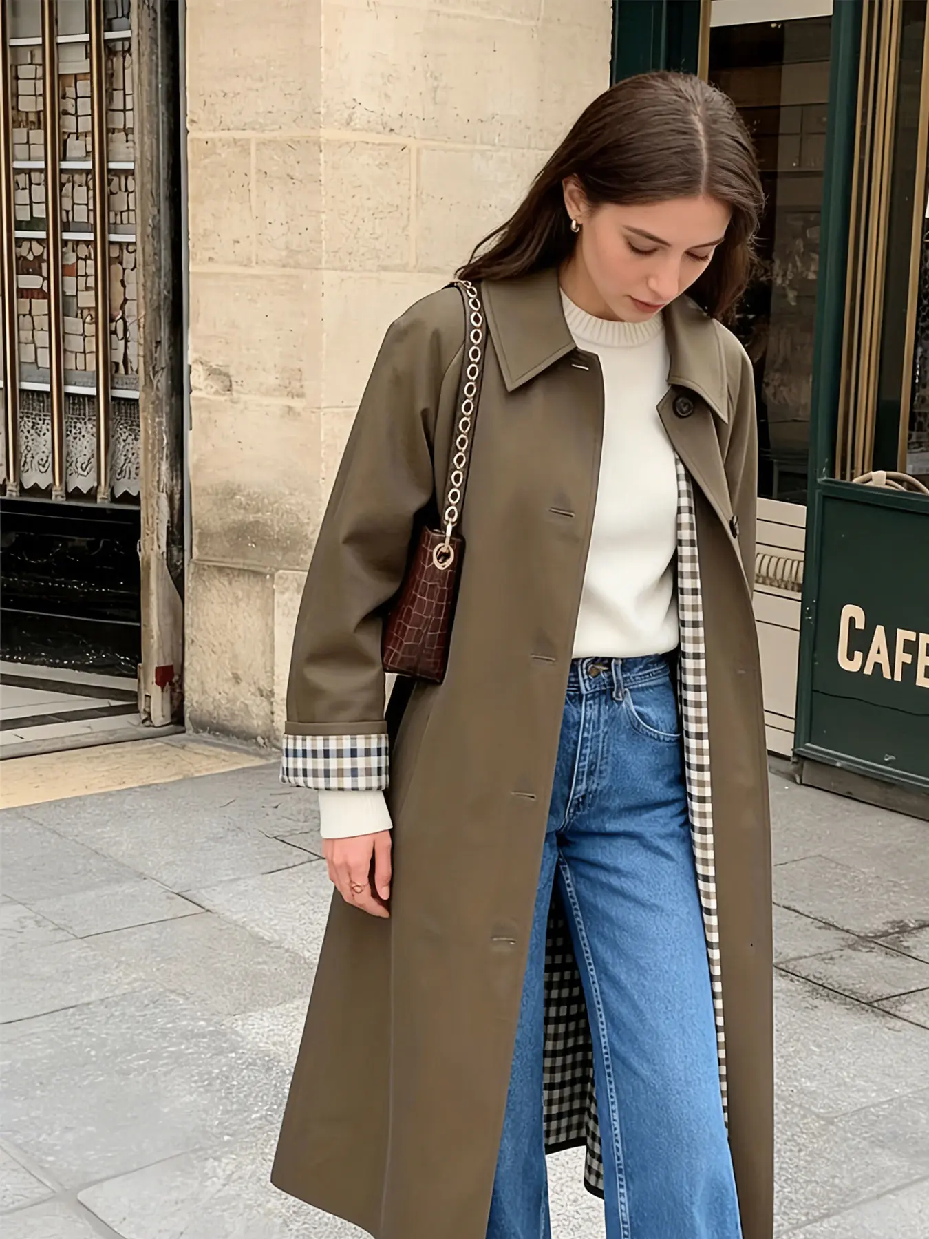 A women's brown Melton pea coat with a single-breasted collar, suitable for spring and autumn, perfect for daily outings, dating parties