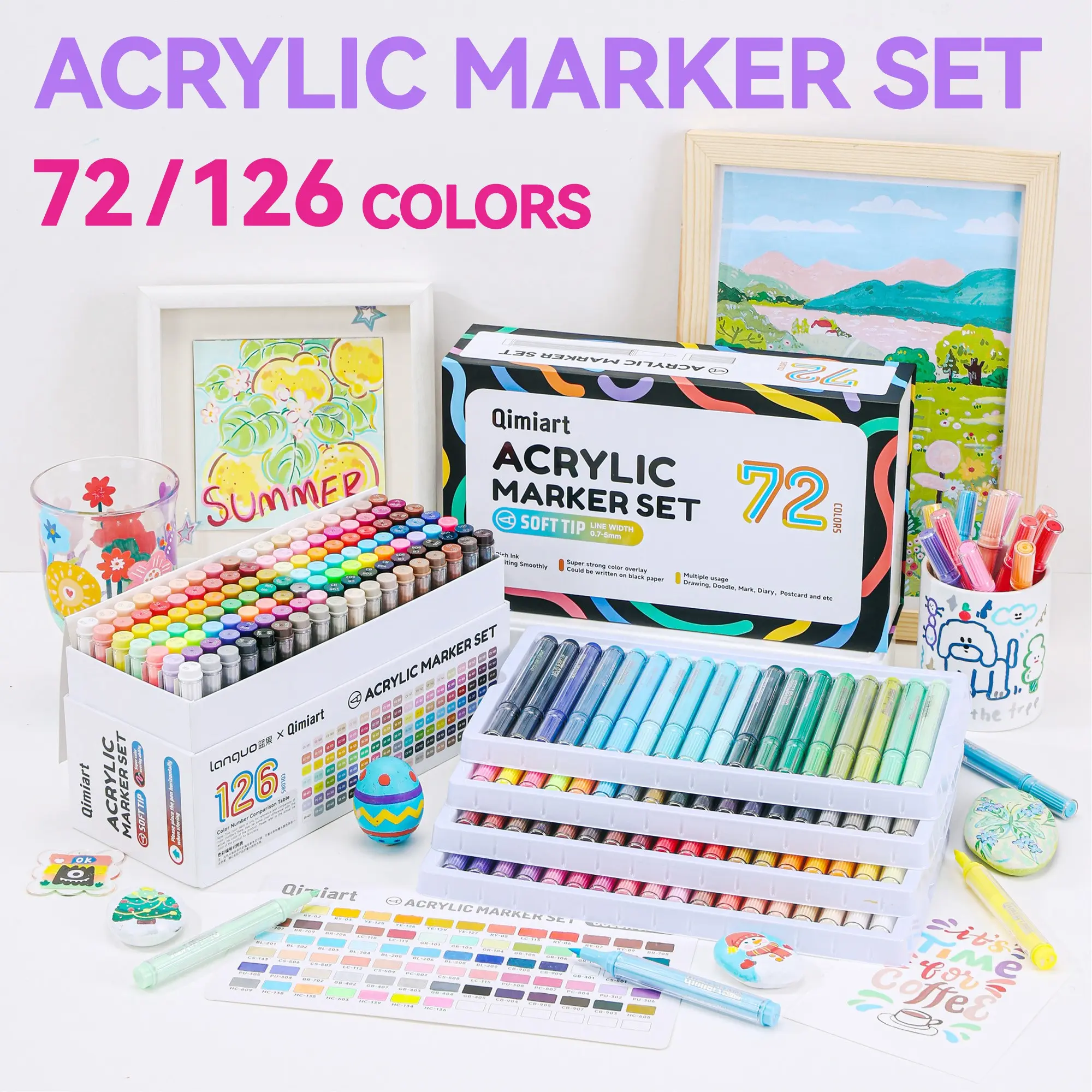 Languo 72/126 Colorful Soft Tip Acrylic Markers, Student Art DIY Stencils, Art Markers Set, Vibrant Colors, Non-Blotting, for Glass, Ceramic, Plastic, Wood, Stone, Fabric, Paper
