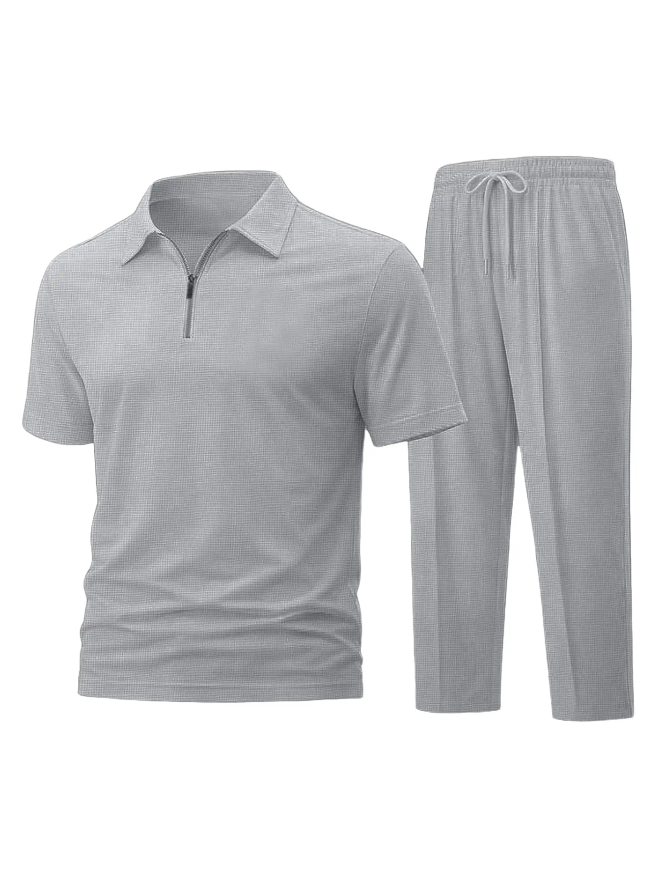 Men's Two-Piece Golf Sportswear Set, Waffle Texture Zipper Collar Polo Shirt with Matching Athletic Pants, Casual Spring & Fall Wear, Athletic Sets
