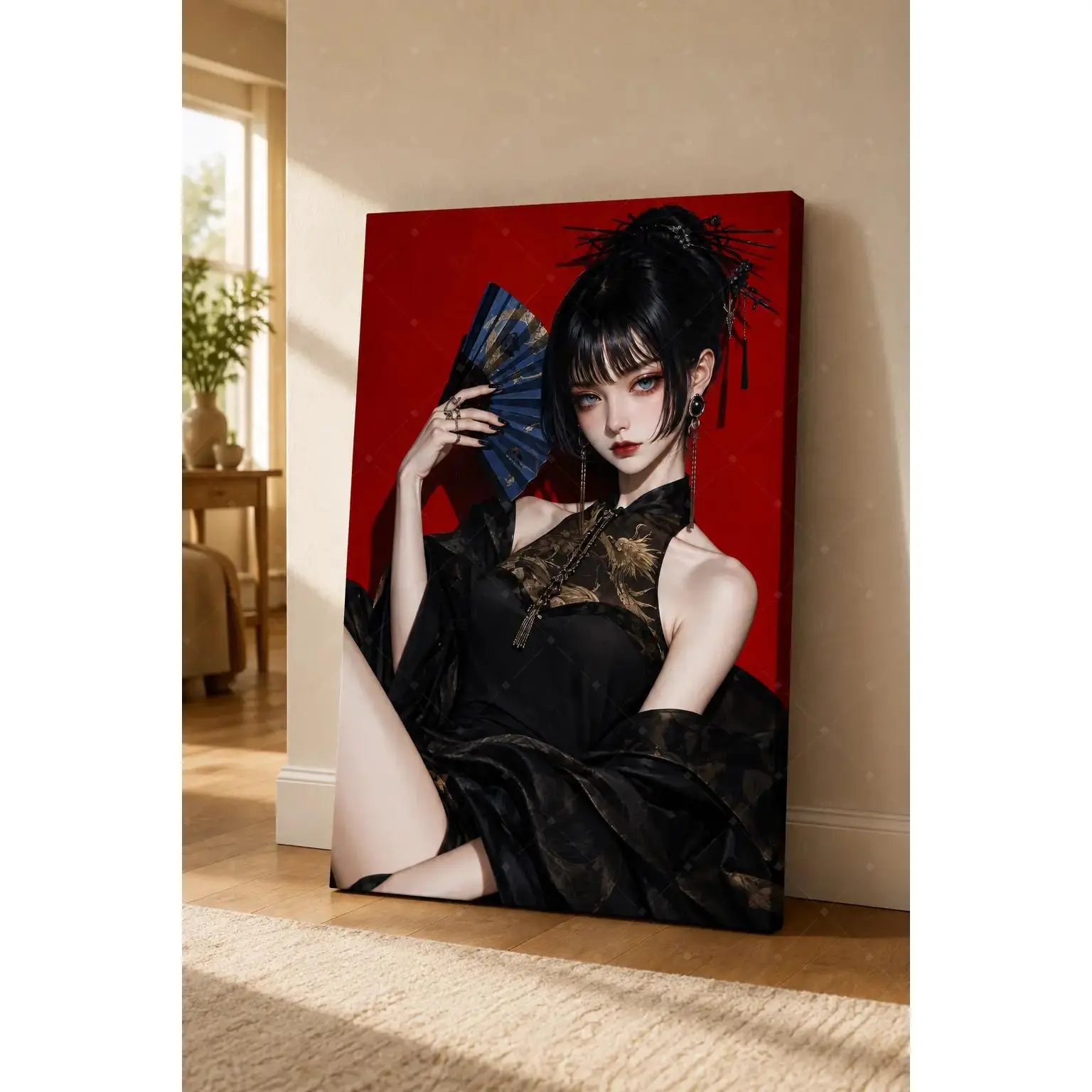 Chinese Style Cheongsam Beauty Canvas poster wall decor, Red Background Oriental Lady Portrait Wall Decor Bedroom Vintage Chinese Home Decor