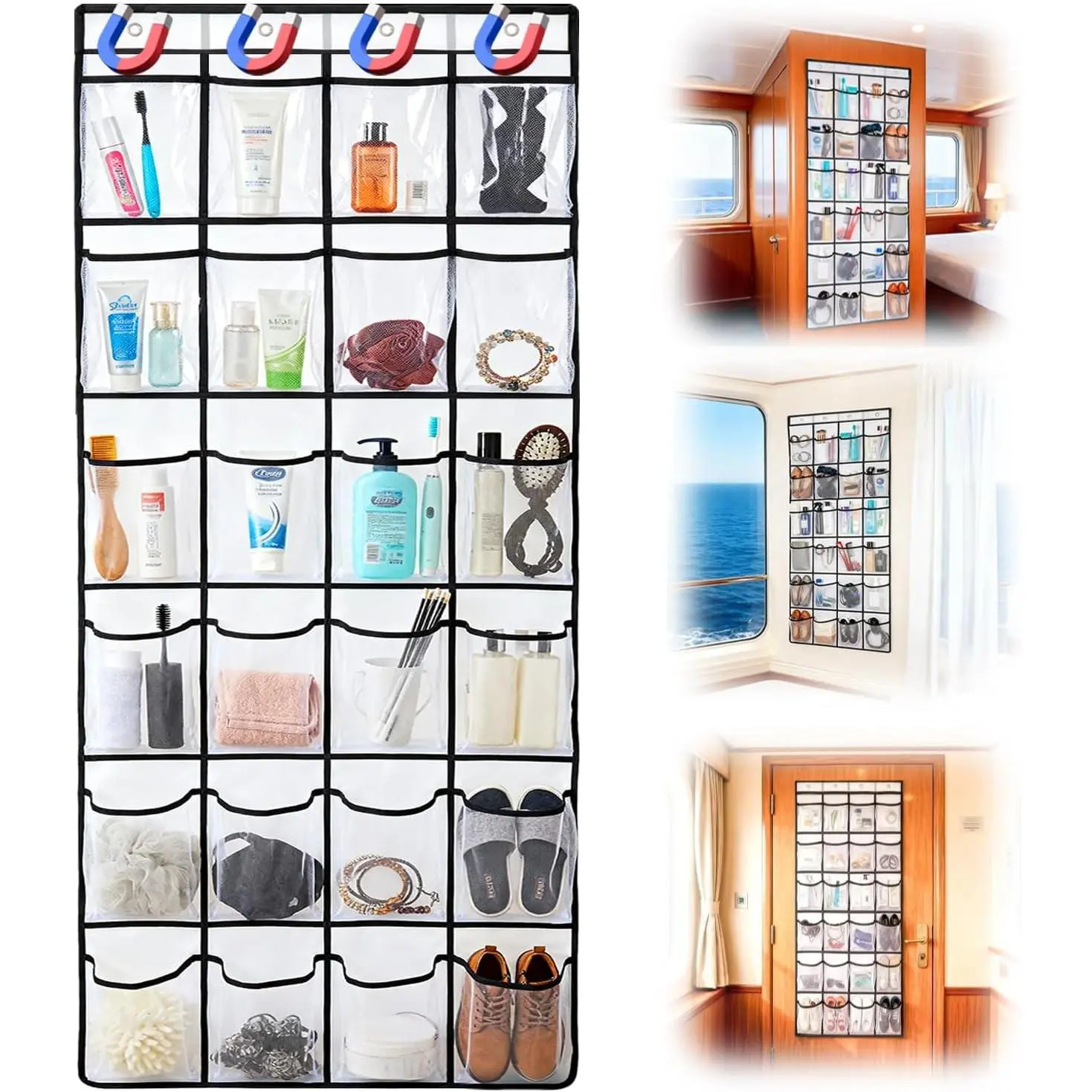 2026 Over The Door Organizer For Cruise Ship 24 Pocket Magnetic Door Organizers with 4 Metal Hooks and 4 Strong Magnets Door Organizer Hanging for Cabin Behind Door Storage Organizer