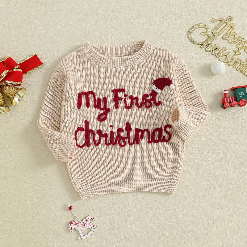 Infant Baby Girls Boy Knit Sweater Christmas Hat and Letter Embroidery Crew Neck Pullover Long Sleeve Tops 0-18 Months