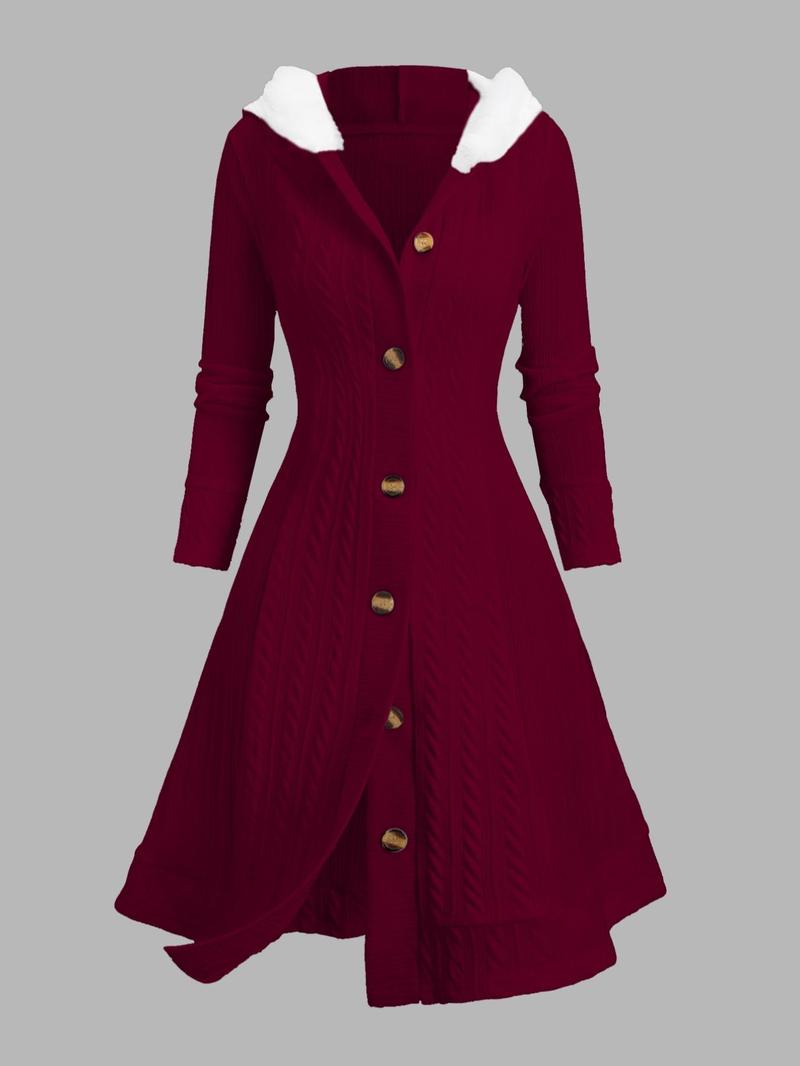 Women's Solid Color Fuzzy Trim Hooded Long Knitted Coat, Casual Long Sleeve Button Front Outerwear for Fall & Winter, Ladies Clothes for Daily Wear