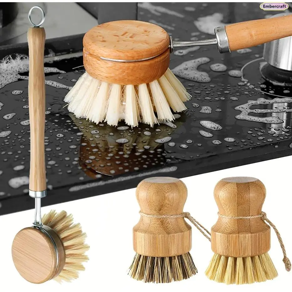 Eco-Friendly Bamboo Cleaning Brush, Multifunctional Scrubber with Drain Tray for Kitchen & Bathroom Sinks, Pots, and Dishes, Garage, Multiple Rooms, Kitchen Sink, Reusable, No, C