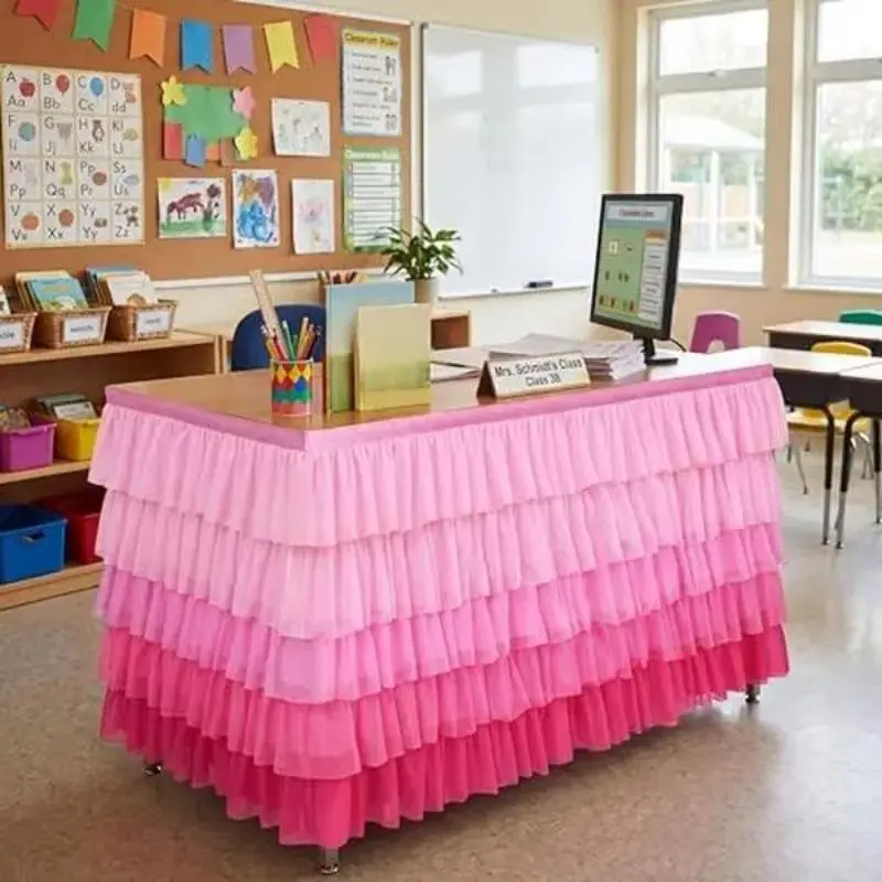 Teacher Desk Skirt with Pastel Ruffled Boho Rainbow Design, Clutter Concealment, Back to School Desk Cover, Ideal for Counselor Desks, Office Decor