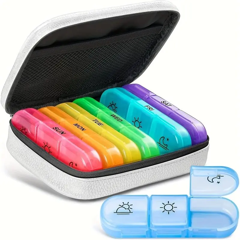 Weekly Pill Storage Box With PU Leather Protective Case, 3 Times Daily Color PP Pill Organizer. Waterproof Portable Medication Holder, Practical Household Storage Accessory For Managing Daily Tablets, Supplements At Home And While Travelling.