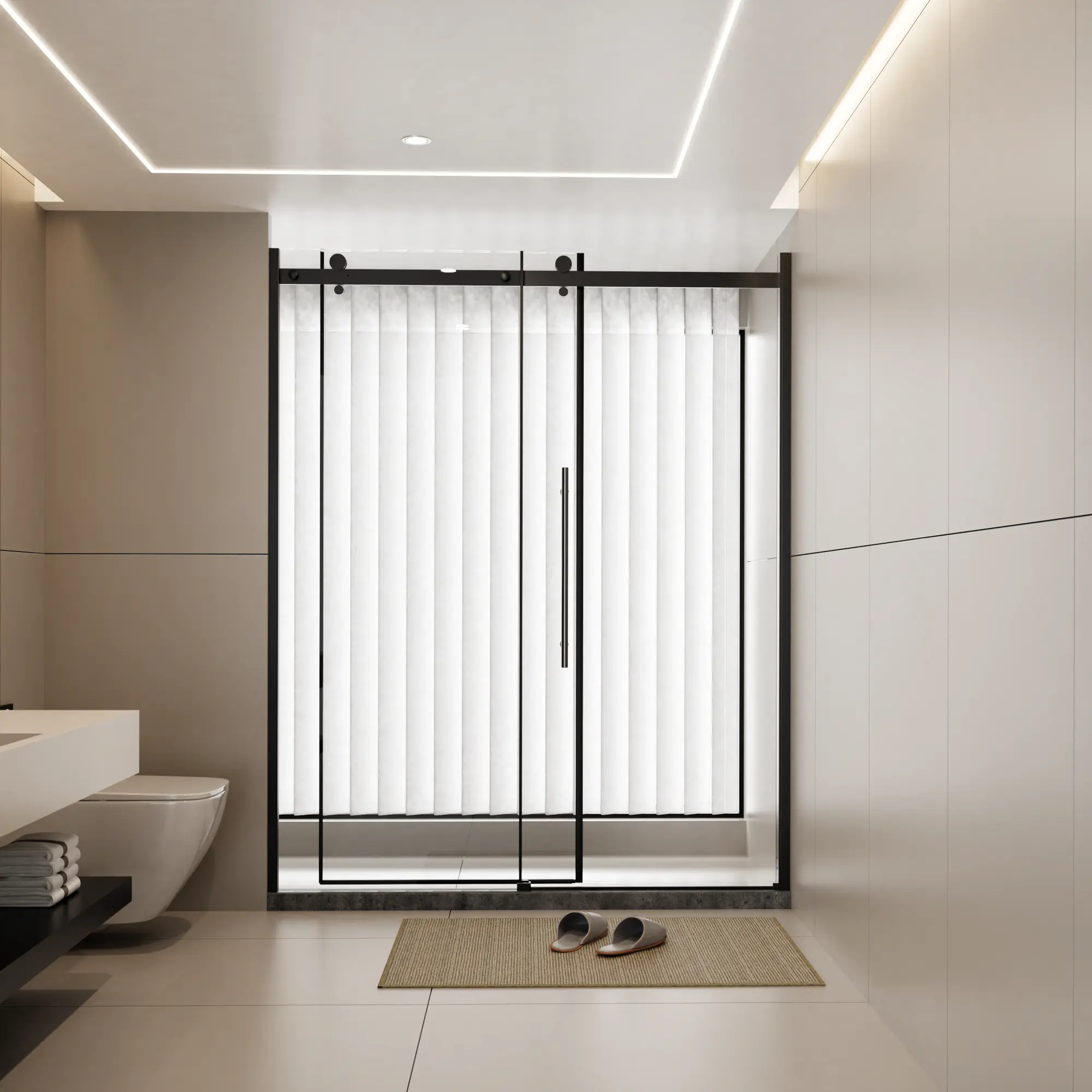 ARCH 60 x 72 Inch Frameless Single Sliding Shower Door, 1/4 Inch Clear Tempered Glass, Zinc Roller Rail System, Stainless Steel Handle, Black Finish, Modern Bathroom Enclosure, Walk-In Shower Door Panel, Bathroom Shower Door for Bathtub