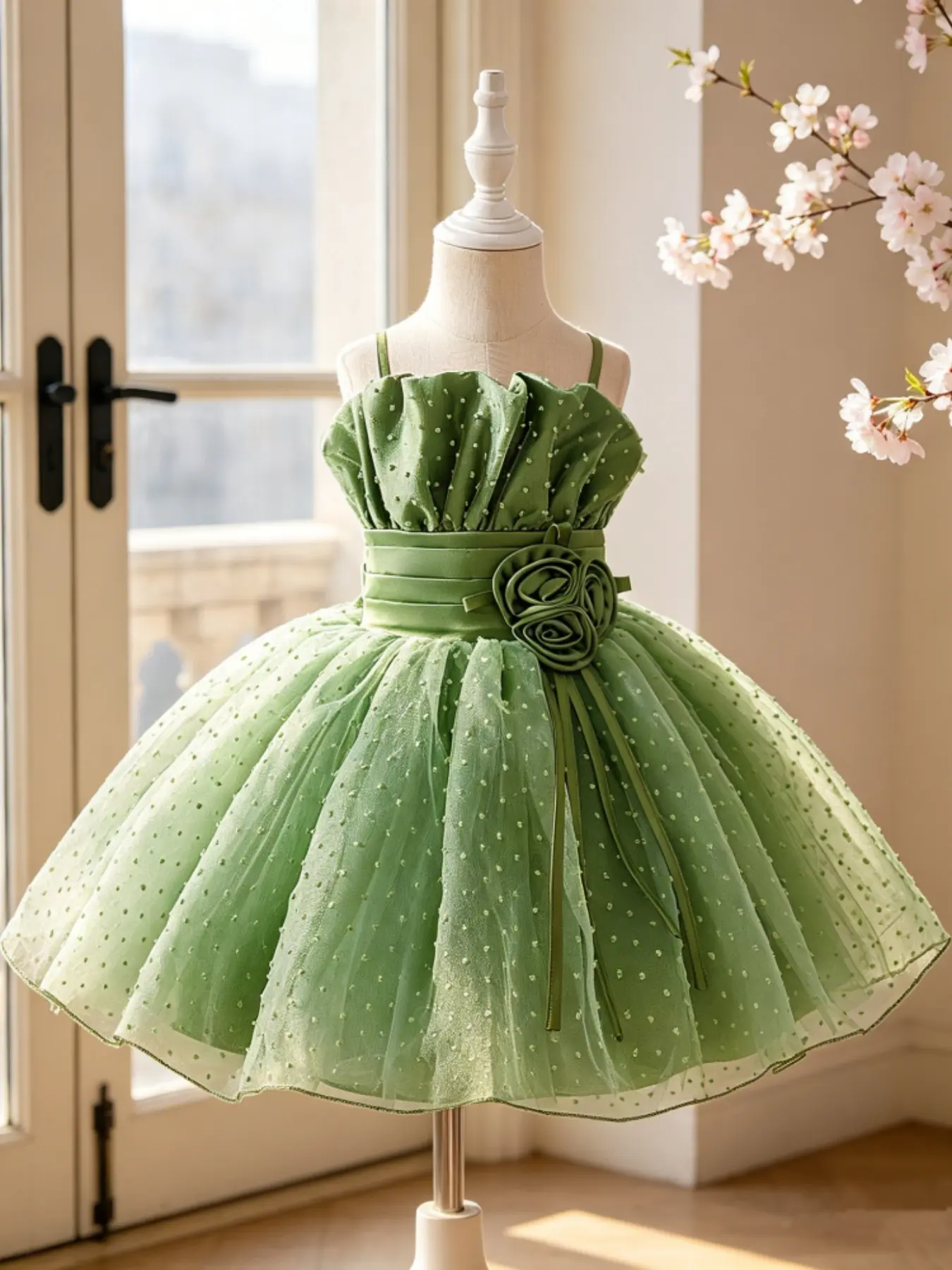 Girls Floral Mesh Ball Gown Baptism Birthday Prom Party Elegant Wedding Princess Dress Piano Host Performance Evening Costume