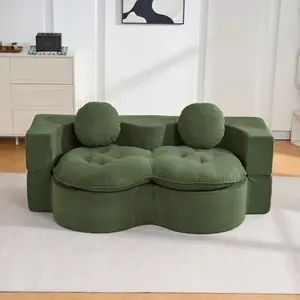 [Bellemave] Wave Shaped Corduroy Futon Sofa Bed with 2 Pillows, Foldable 2-Seater Guest Sleeper Loveseat for Small Apartment