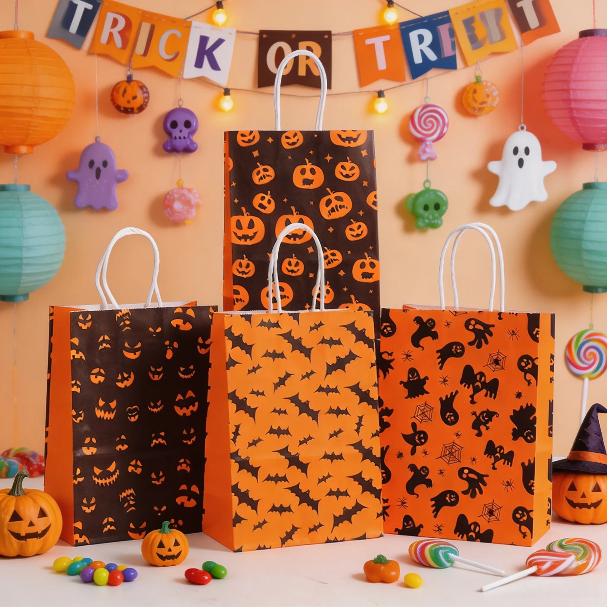 12-Pack Halloween Kraft Gift Bags, Handles, Pumpkin Face, Bat, Ghost, Spider Web Patterns, Kids Trick-Or-Treat, Classroom Party