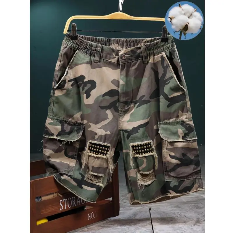 Camouflage High-Cotton Cargo Shorts | Distressed Streetwear Bottoms Size Up If You Prefer Loose Style | Men's Ripped Tactical Shorts with Pockets, Baggy Fit, Summer Casual Wear, Urban Fashion, Outdoor Utility Design