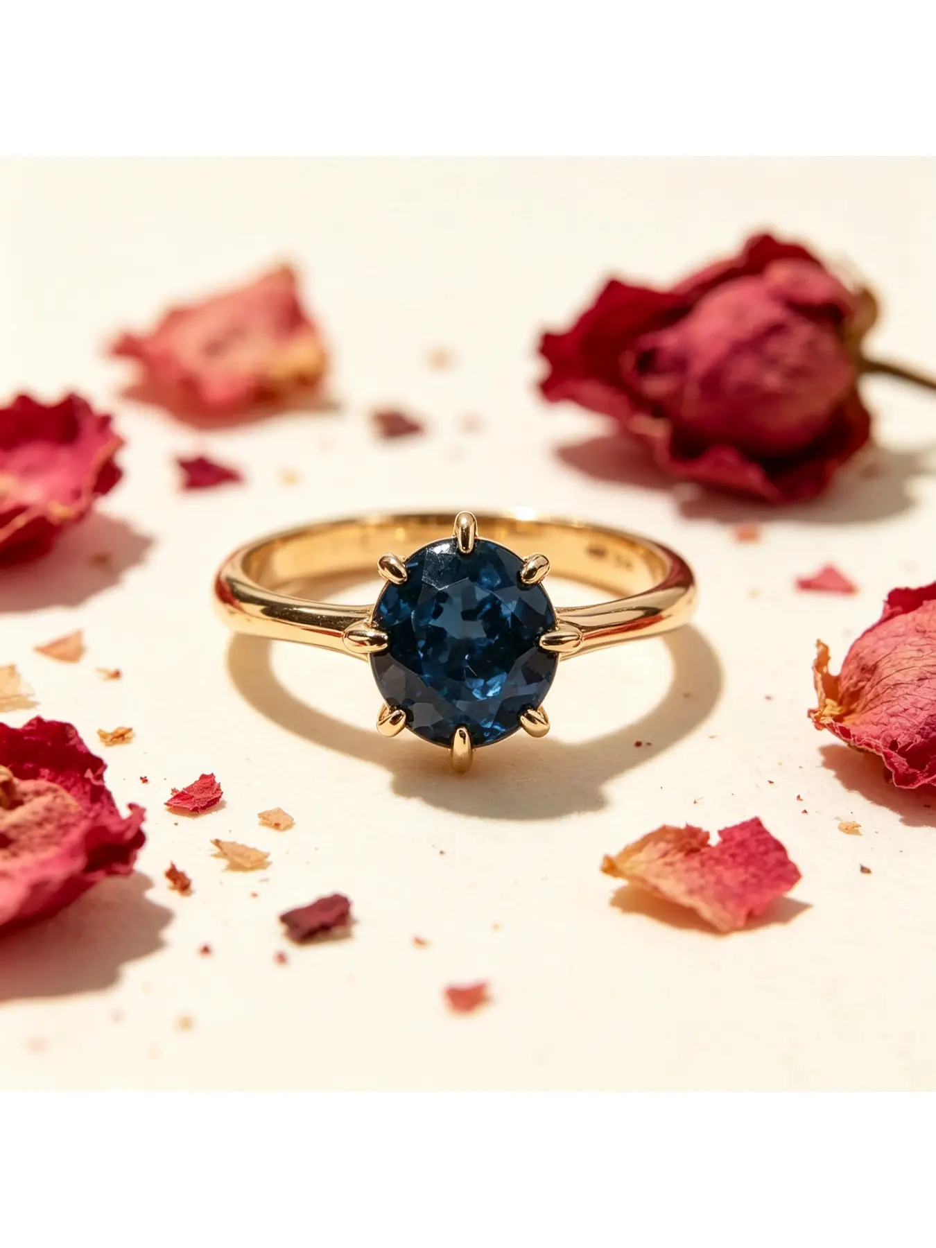 Four Prong Single Round Blue Stone Thin Gold Engagement Ring, Bridal Ring, Minimalist Cool Gift for Women, Ultra Slim Smooth Shank for Everyday Wear, Perfect for Independence Day Dates, Seaside Trips and Business Dinners