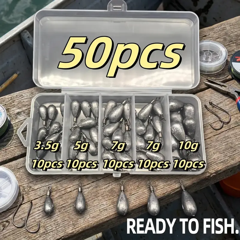 High-Density Lead-Free Fishing Weights Set, 50pcs, Sizes 3.5g-10g, Octagonal Ring Included, Ideal for Beginners, Non-Toxic Material, Fishing Tackle, Fishing Tackle Kit, Fishing Equipment, Fishing Stuff