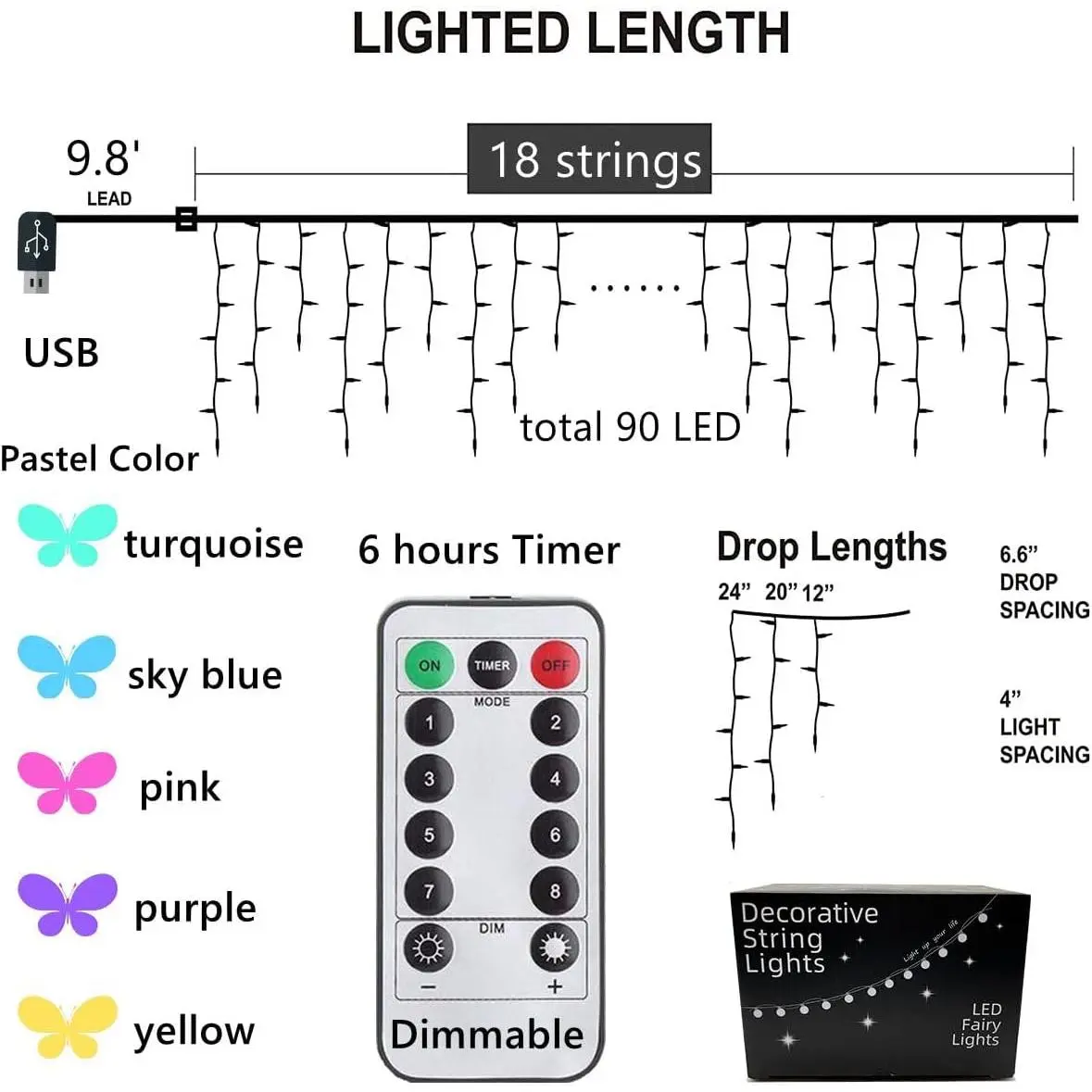 Butterfly LED String Lights with Remote Dimmer, Pastel Fairy Curtain Lights for Bedroom Wall Ceiling Decor, Kids Room Hanging Twinkle Lights