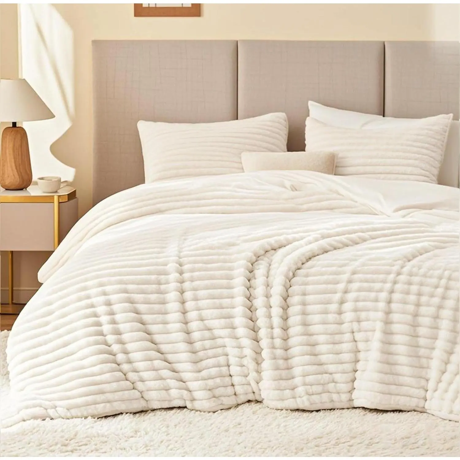 EXQ Home Comforter Set Twin Size - Super Soft Faux Fur Stripe Comforter 2 Pieces, White Fleece Bedding Set,Winter Warm Bed Set,1 Comforter with 1 Pillowcase