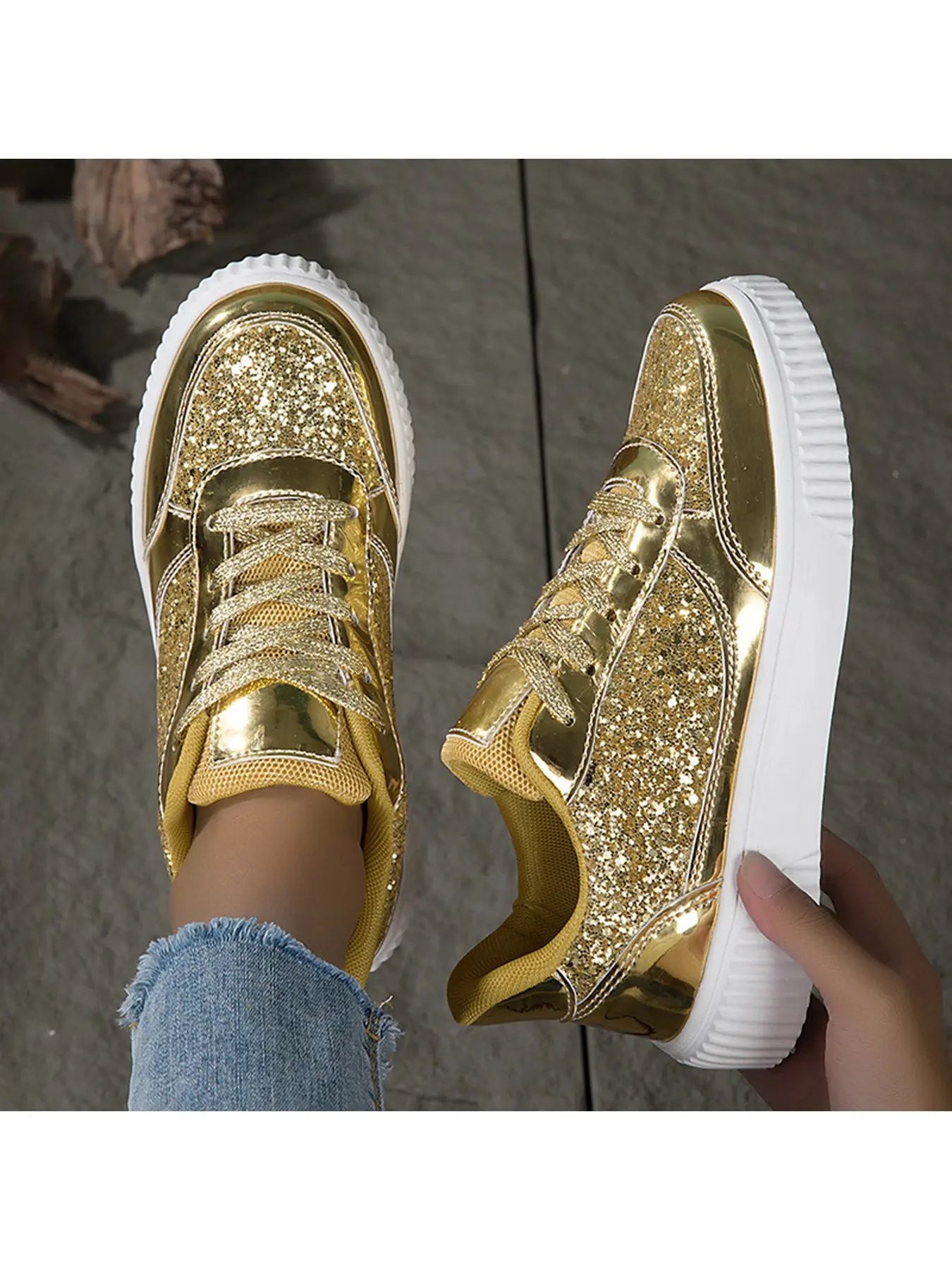 Women Glitter Gold Platform Sneakers Metallic Shiny Sequins Lace Up Skate Shoes Non-slip White Thick Sole Fashion Party Daily Casual Footwear