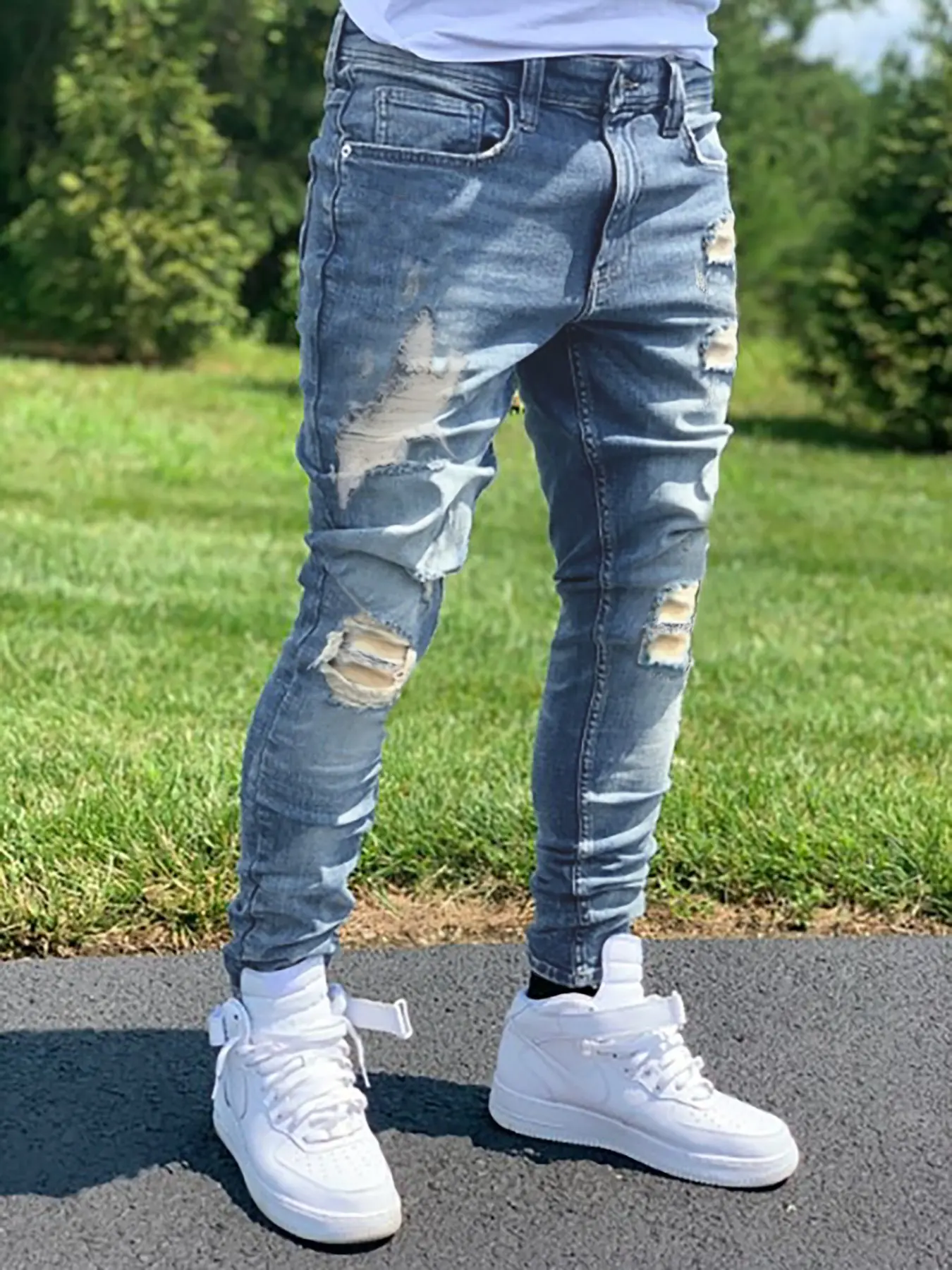Men's Blue Ripped Denim Jeans, Classic Stretch Fit Slim Jeans, Y2K Streetwear Casual Long Trousers, Trendy Fashion for Men