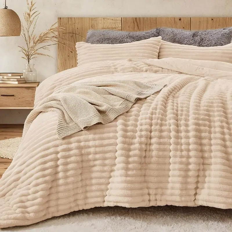 Marshmallow Fluffy Comforter Set Queen Size, 3 Piece Beige Fleece Bedding with Pillowcases, Soft Cozy Faux Fur Warm Bedding Set, Lightweight All Season Bedroom Decor