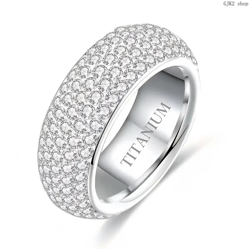 Y2K Style Full Paved Rhinestone Titanium Band Ring, Silver Plated Anti-Allergy Fade Resistant Stackable Jewelry, Sparkling Daily Fashion Ring Gift for Men Women