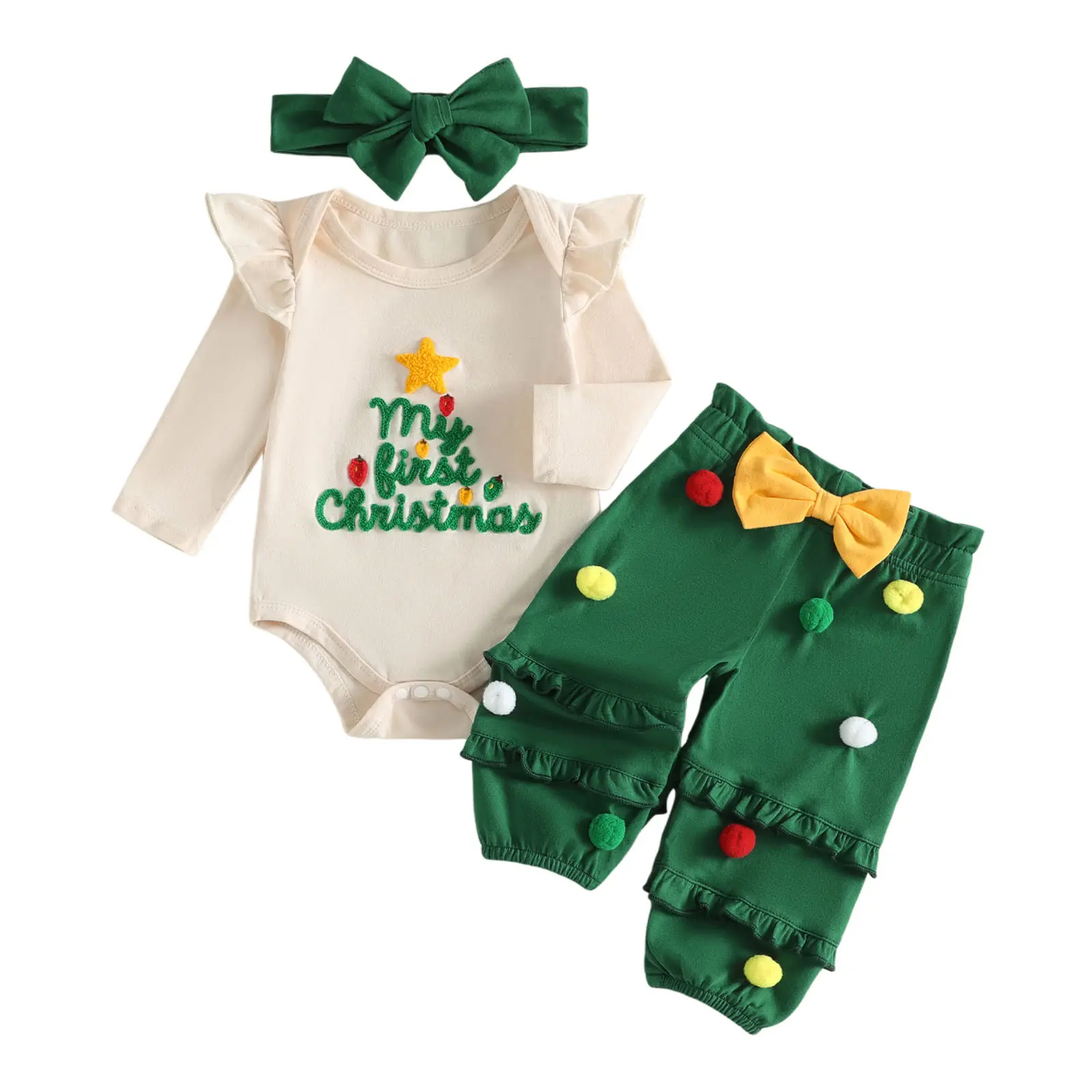 Babamoon Toddler Infant Baby Girl My First Christmas Outfits Set Embroidered Long Sleeve Romper Tops Pants Headband 3pcs Clothes Set 0-12M