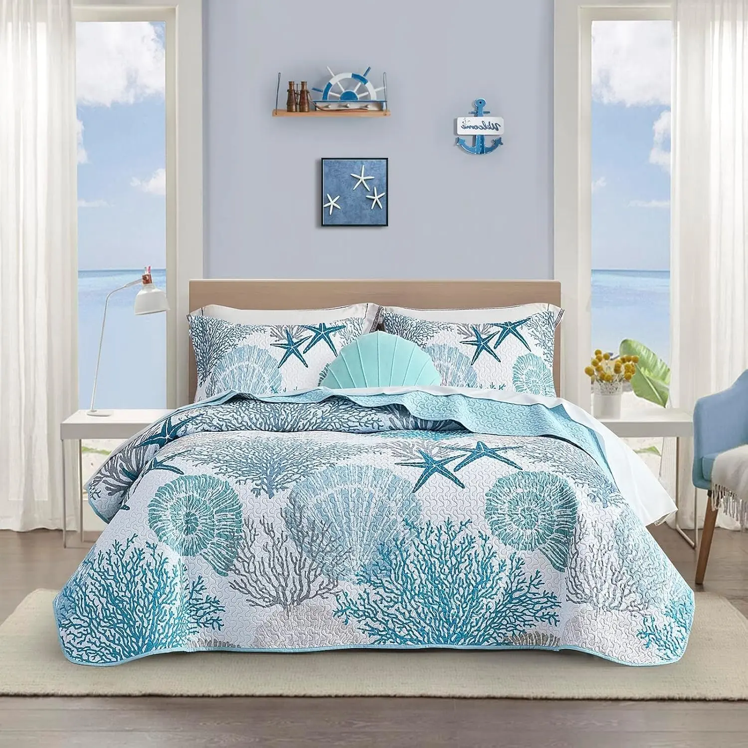 3 Piece Coastal Quilt Sets Full/Queen Size - Reversible Microfiber Quilts with 2 Shams Soft Lightweight Beach Bedding Nautical Bedspread Coverlet Summer Comforter for All Season, 90''x96'', C1
